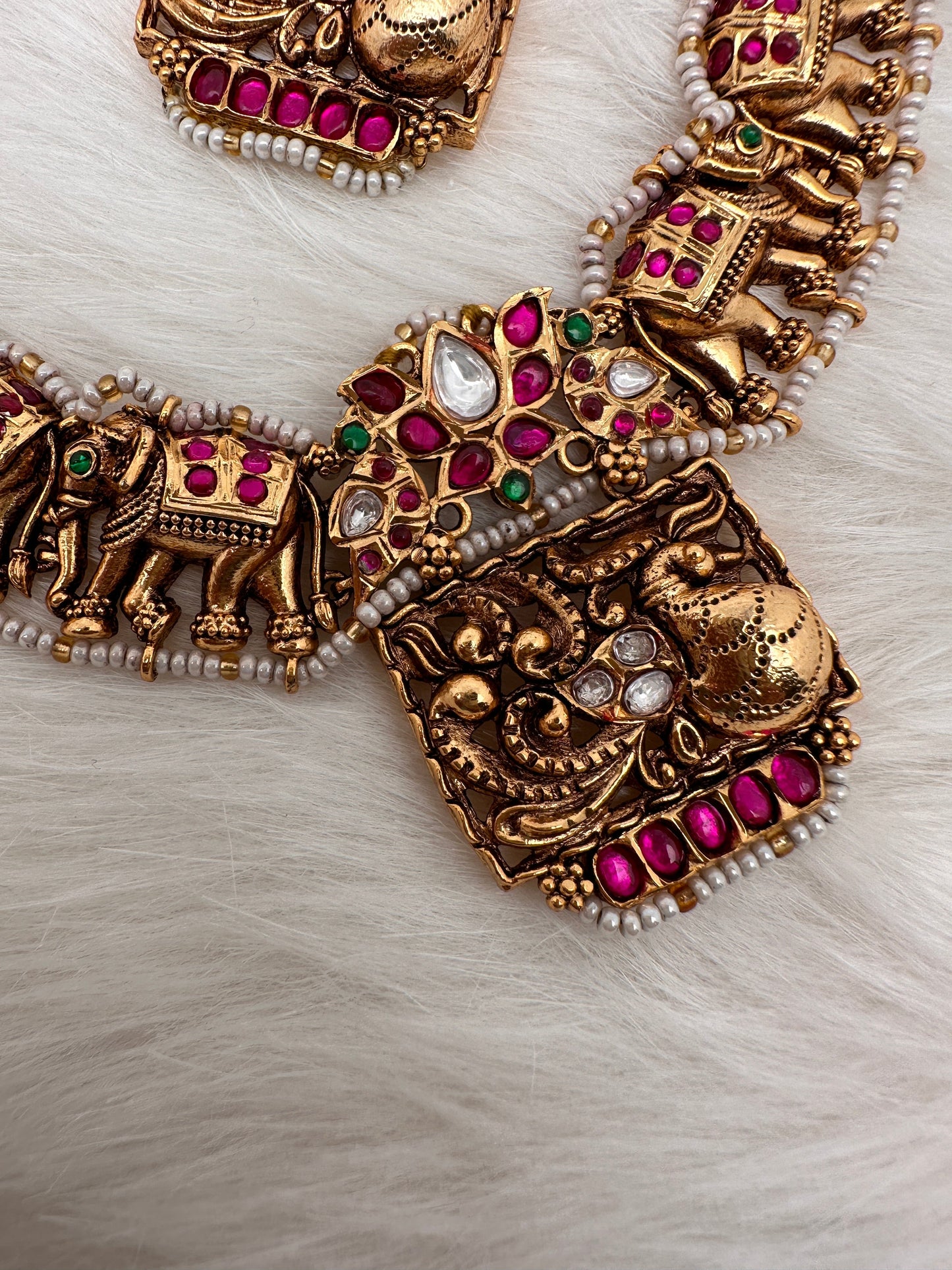 Elephant Nakshi Pink Green Jadau Kundan Neckline Necklace