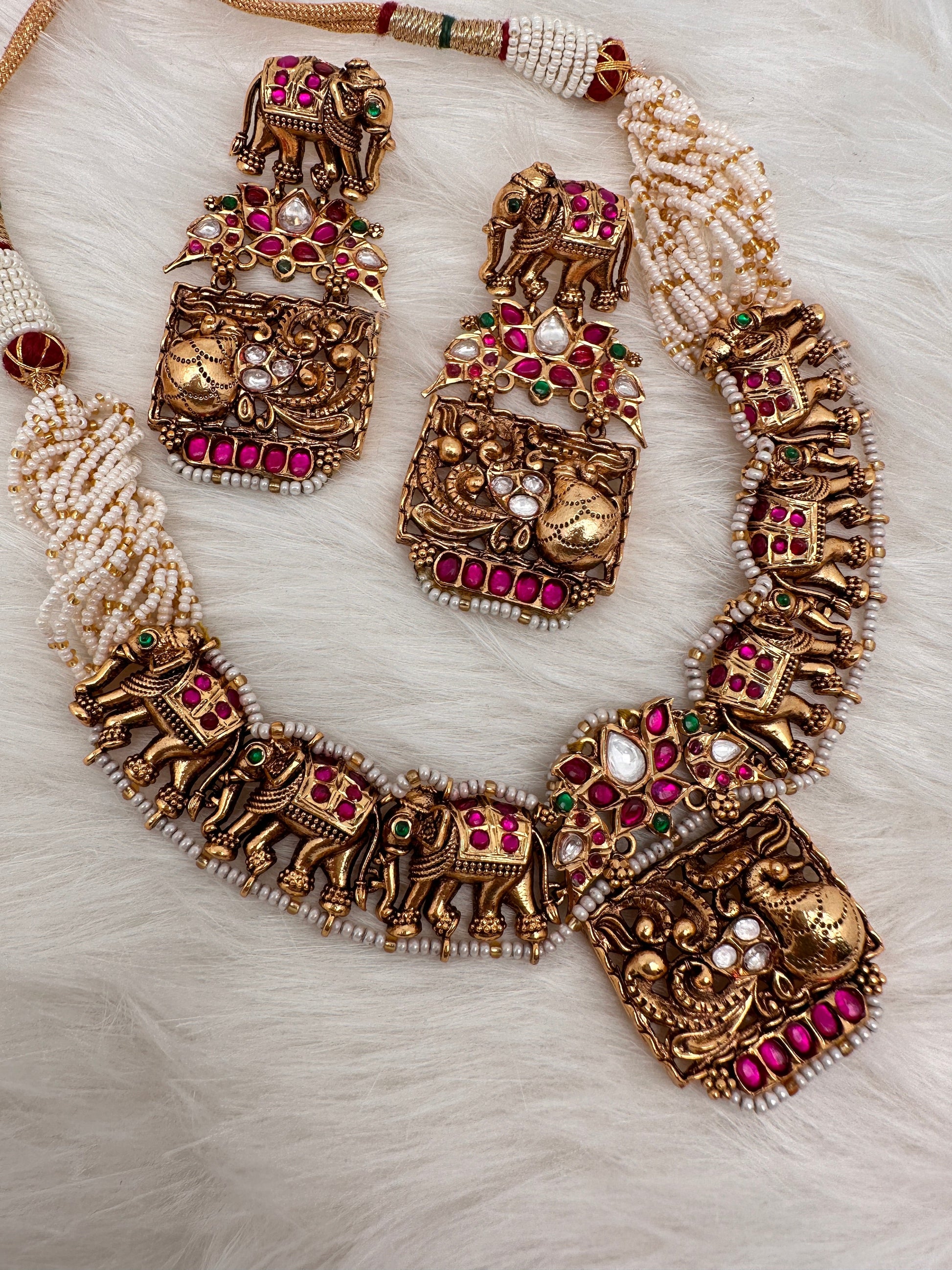 Elephant Nakshi Pink Green Jadau Kundan Neckline Necklace