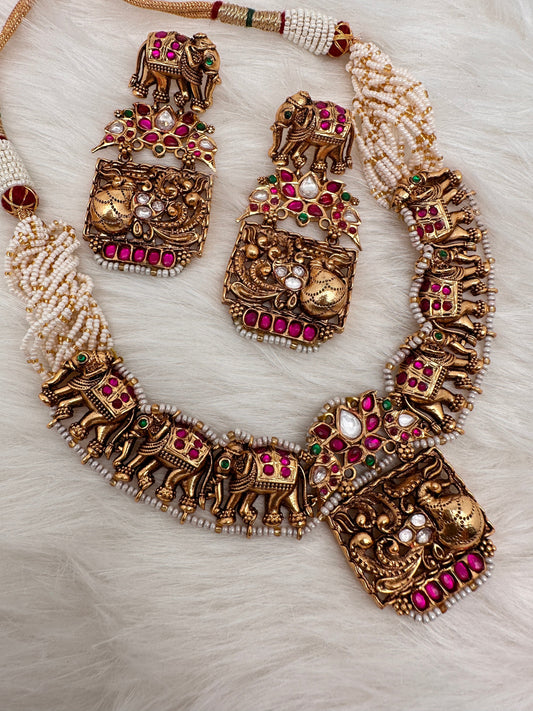 Elephant Nakshi Pink Green Jadau Kundan Neckline Necklace