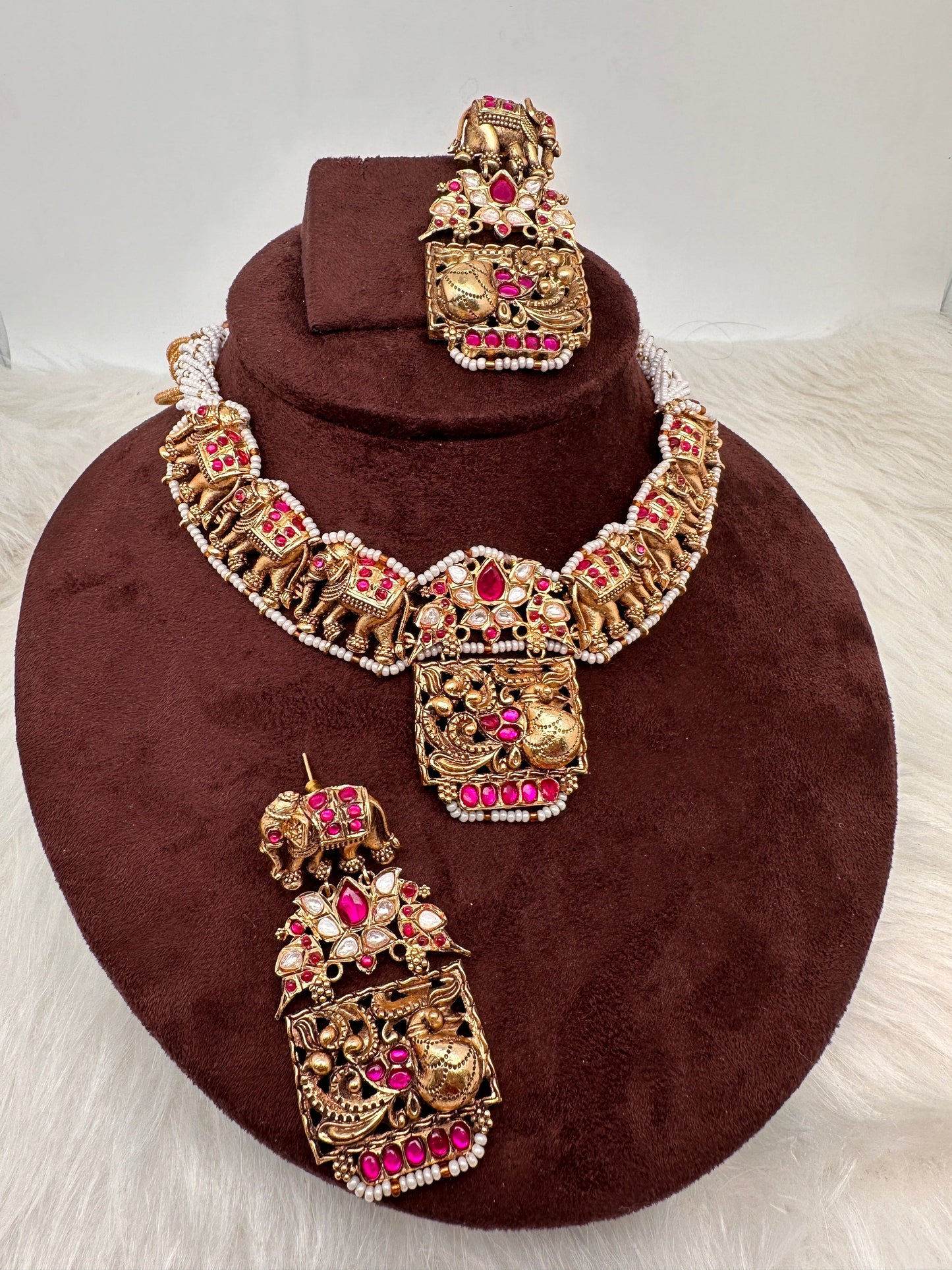 Elephant Nakshi Pink Jadau Kundan Neckline Necklace