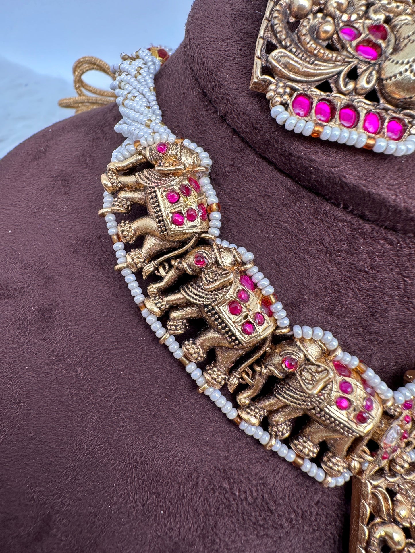 Elephant Nakshi Pink Jadau Kundan Neckline Necklace