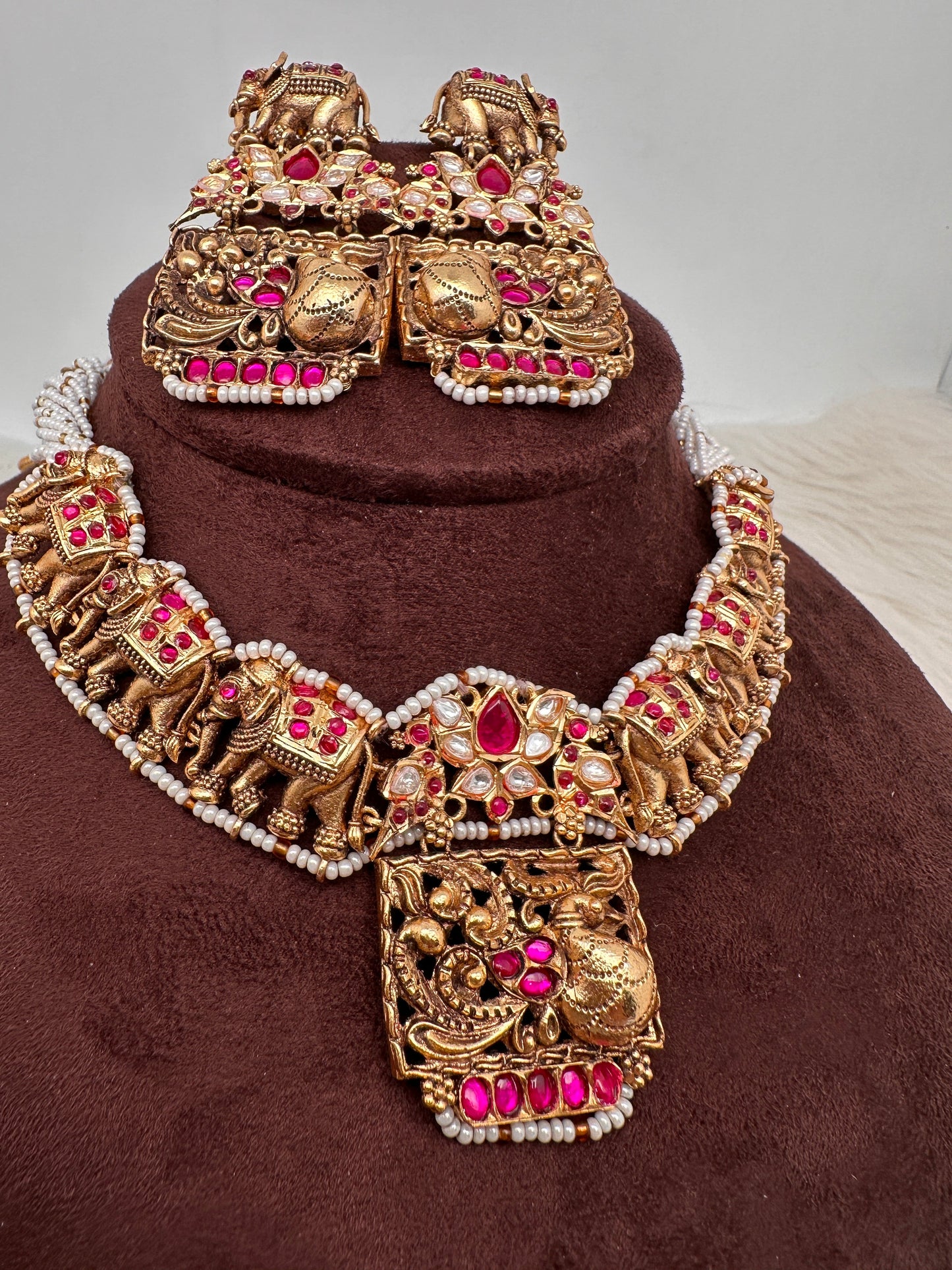 Elephant Nakshi Pink Jadau Kundan Neckline Necklace