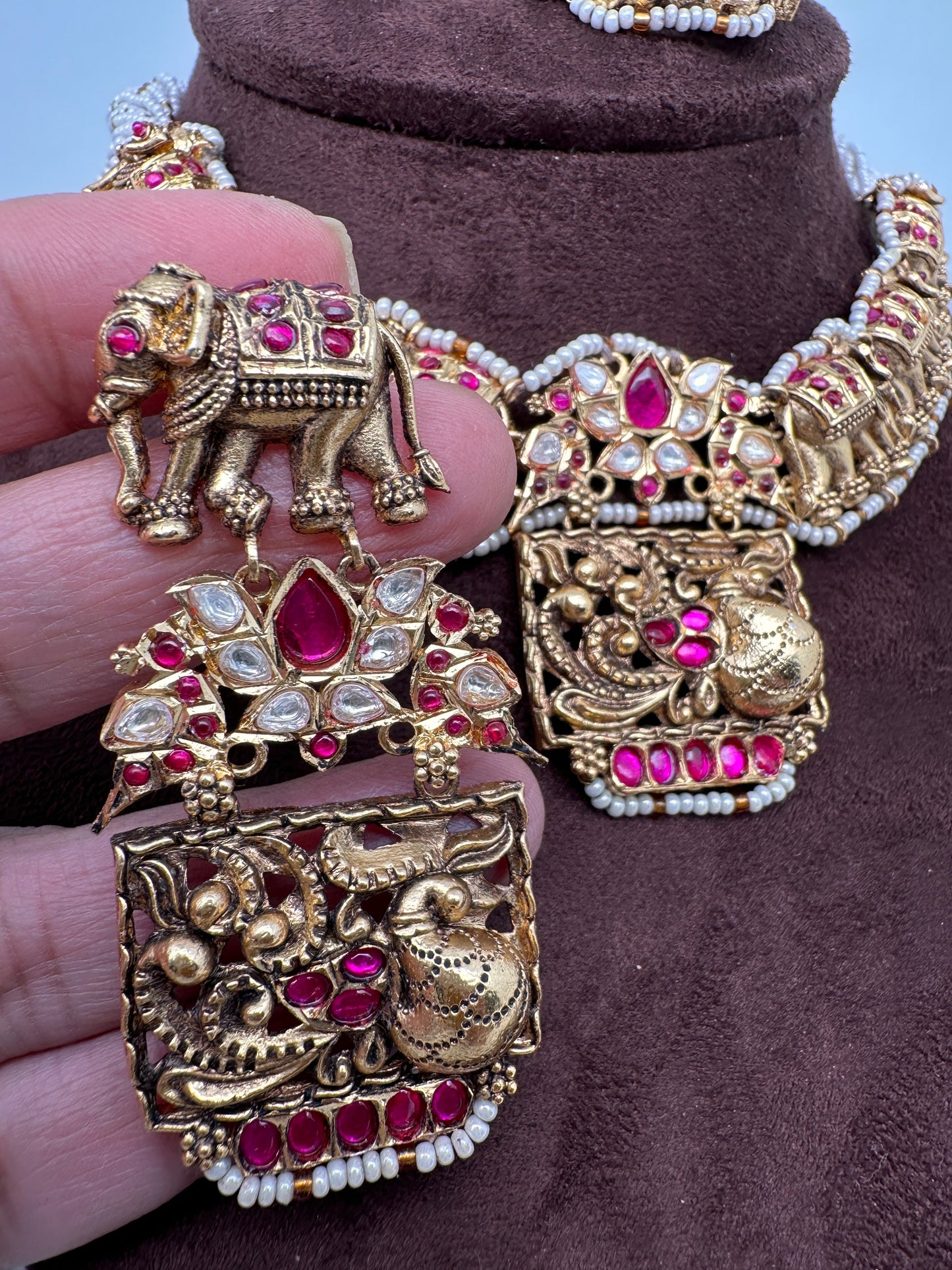 Elephant Nakshi Pink Jadau Kundan Neckline Necklace