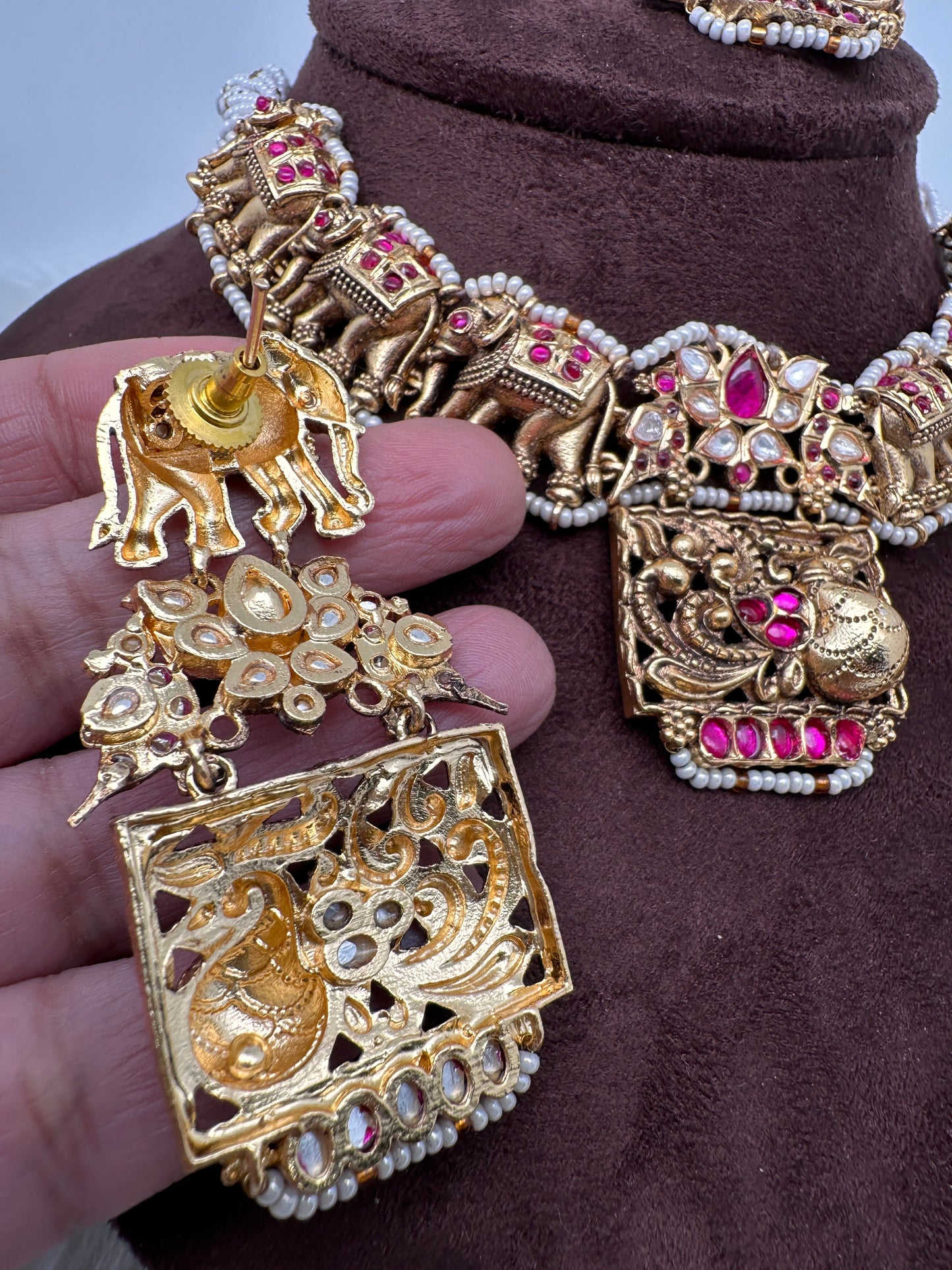 Elephant Nakshi Pink Jadau Kundan Neckline Necklace