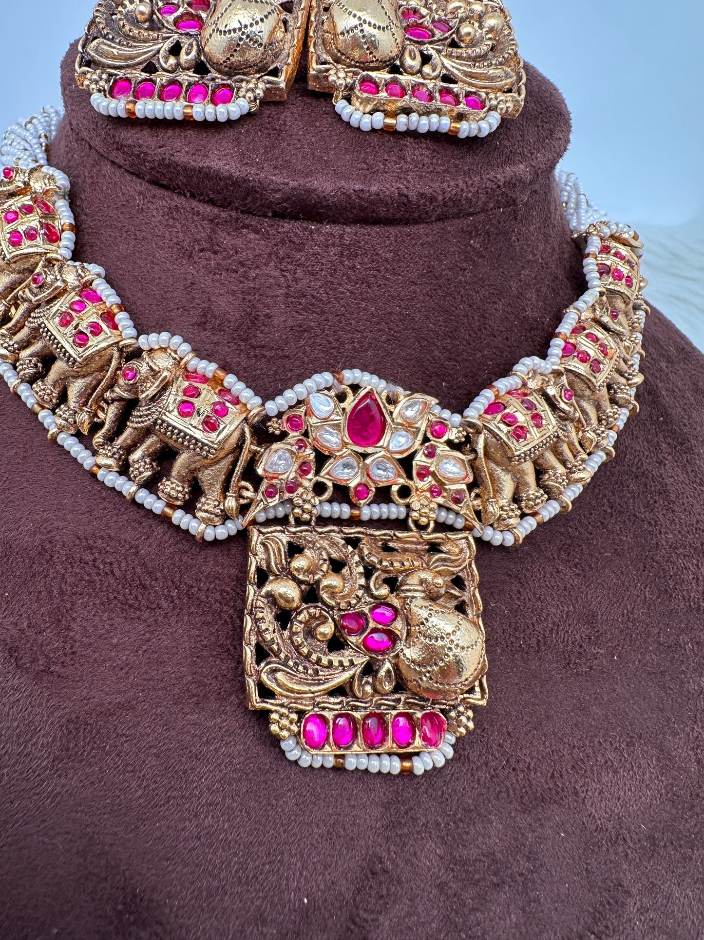 Elephant Nakshi Pink Jadau Kundan Neckline Necklace