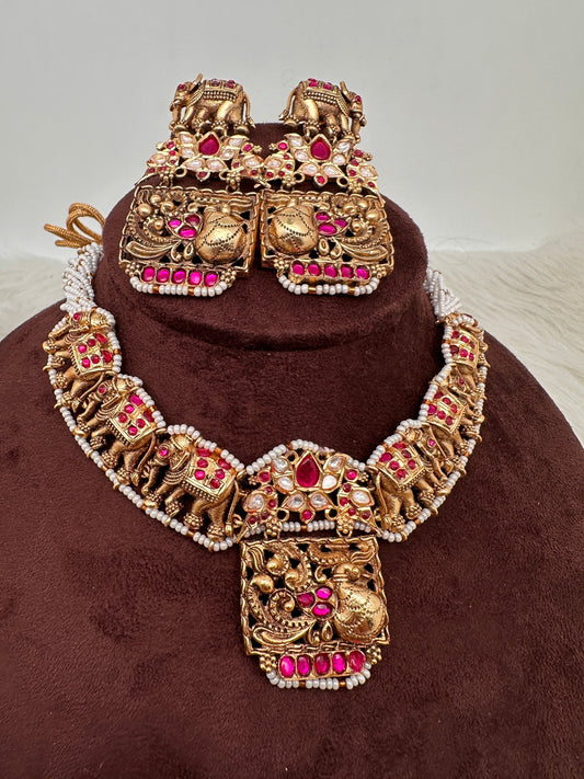Elephant Nakshi Pink Jadau Kundan Neckline Necklace