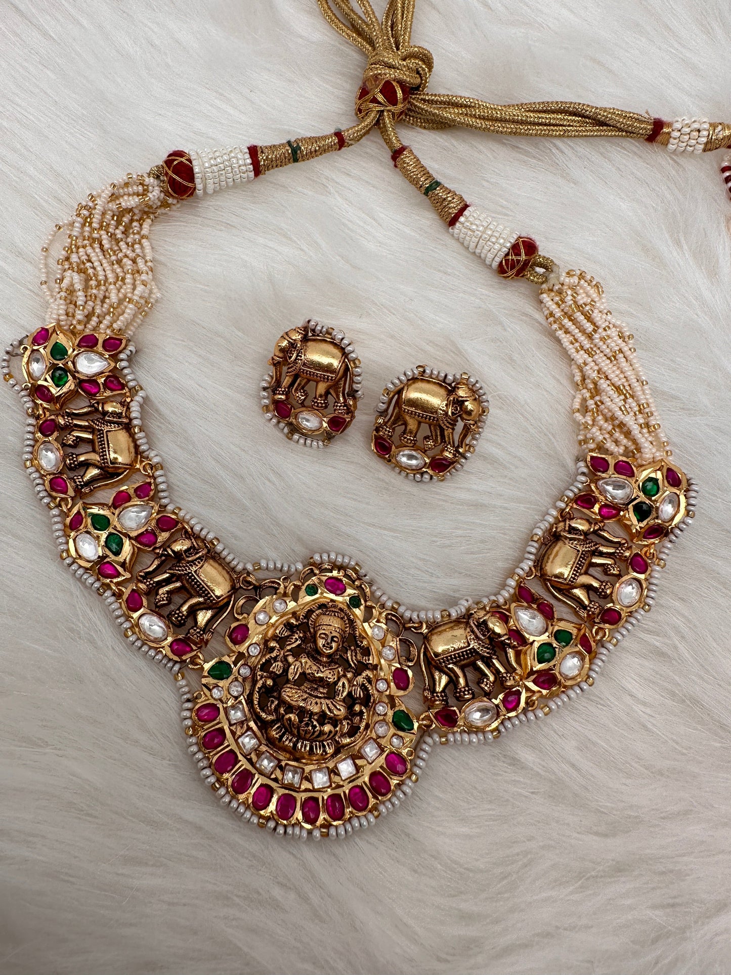 Goddess Lakshmi Elephant Nakshi Pink Green Jadau Kundan Neckline Necklace