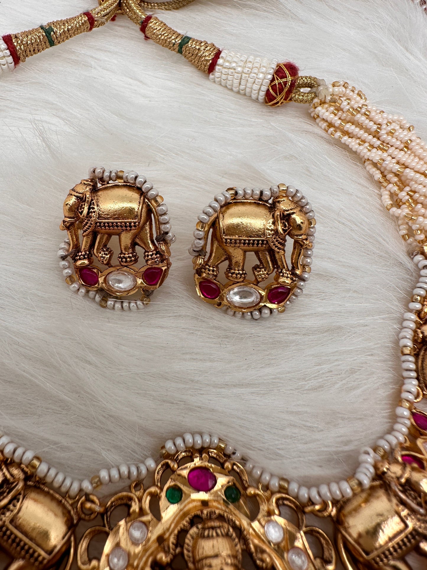 Goddess Lakshmi Elephant Nakshi Pink Green Jadau Kundan Neckline Necklace