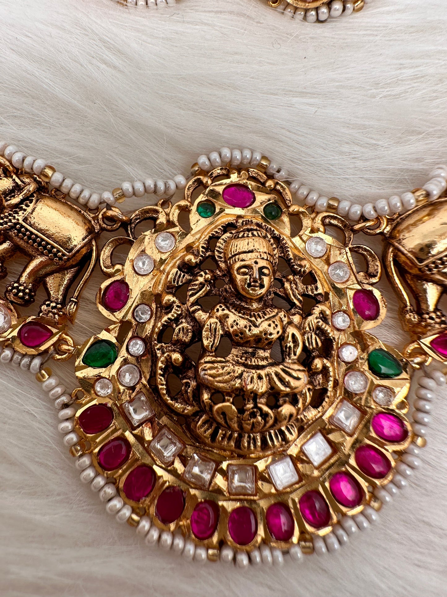 Goddess Lakshmi Elephant Nakshi Pink Green Jadau Kundan Neckline Necklace