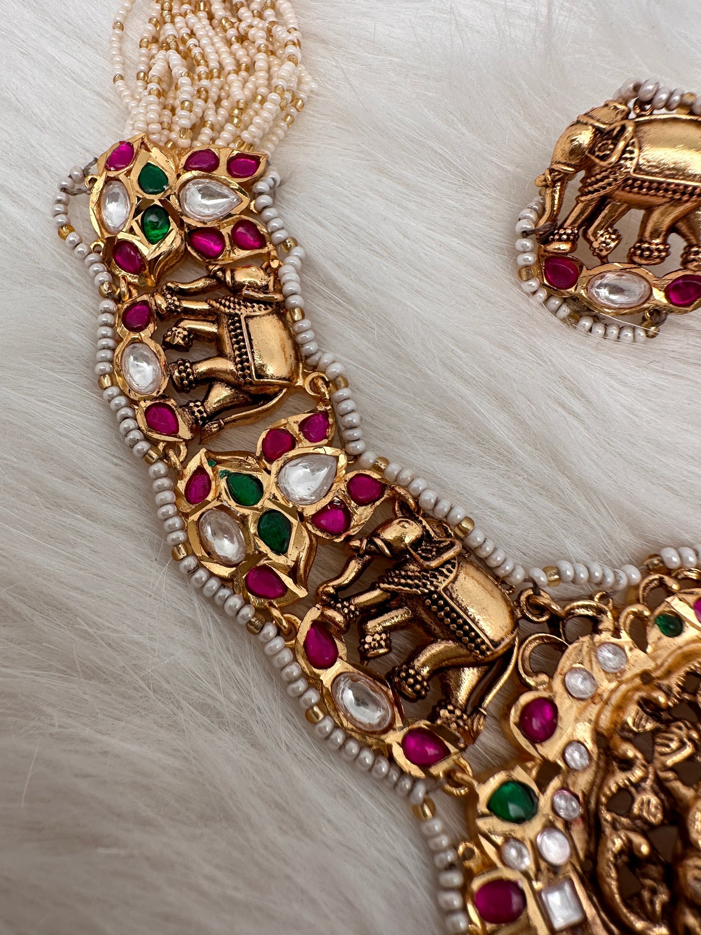 Goddess Lakshmi Elephant Nakshi Pink Green Jadau Kundan Neckline Necklace