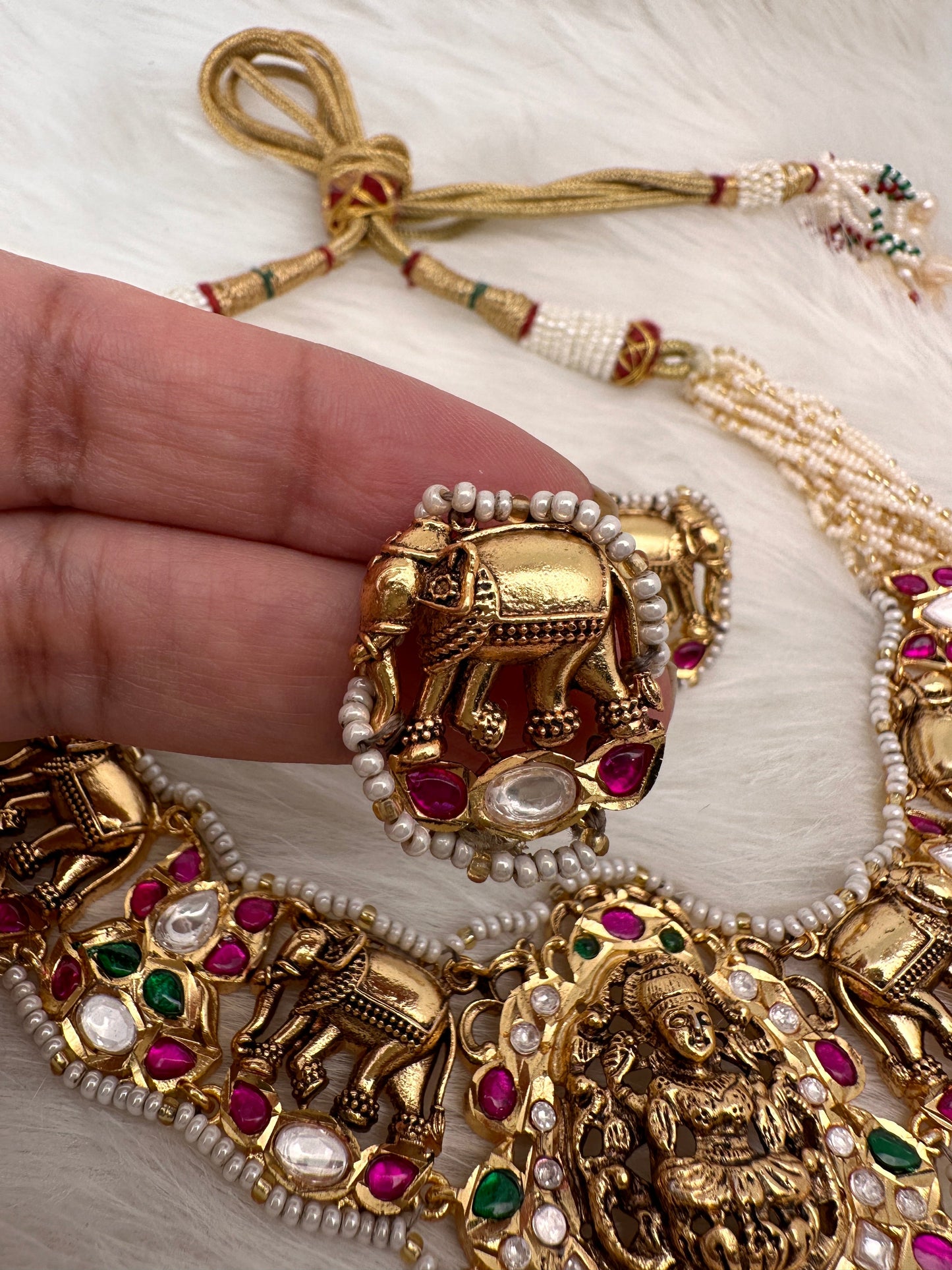 Goddess Lakshmi Elephant Nakshi Pink Green Jadau Kundan Neckline Necklace