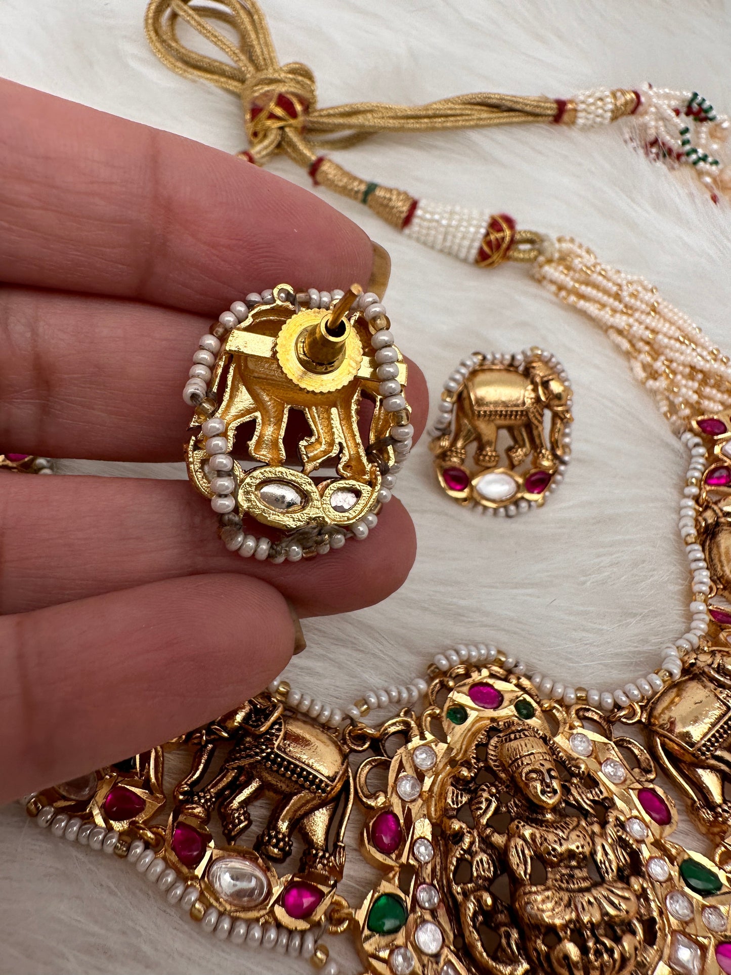 Goddess Lakshmi Elephant Nakshi Pink Green Jadau Kundan Neckline Necklace