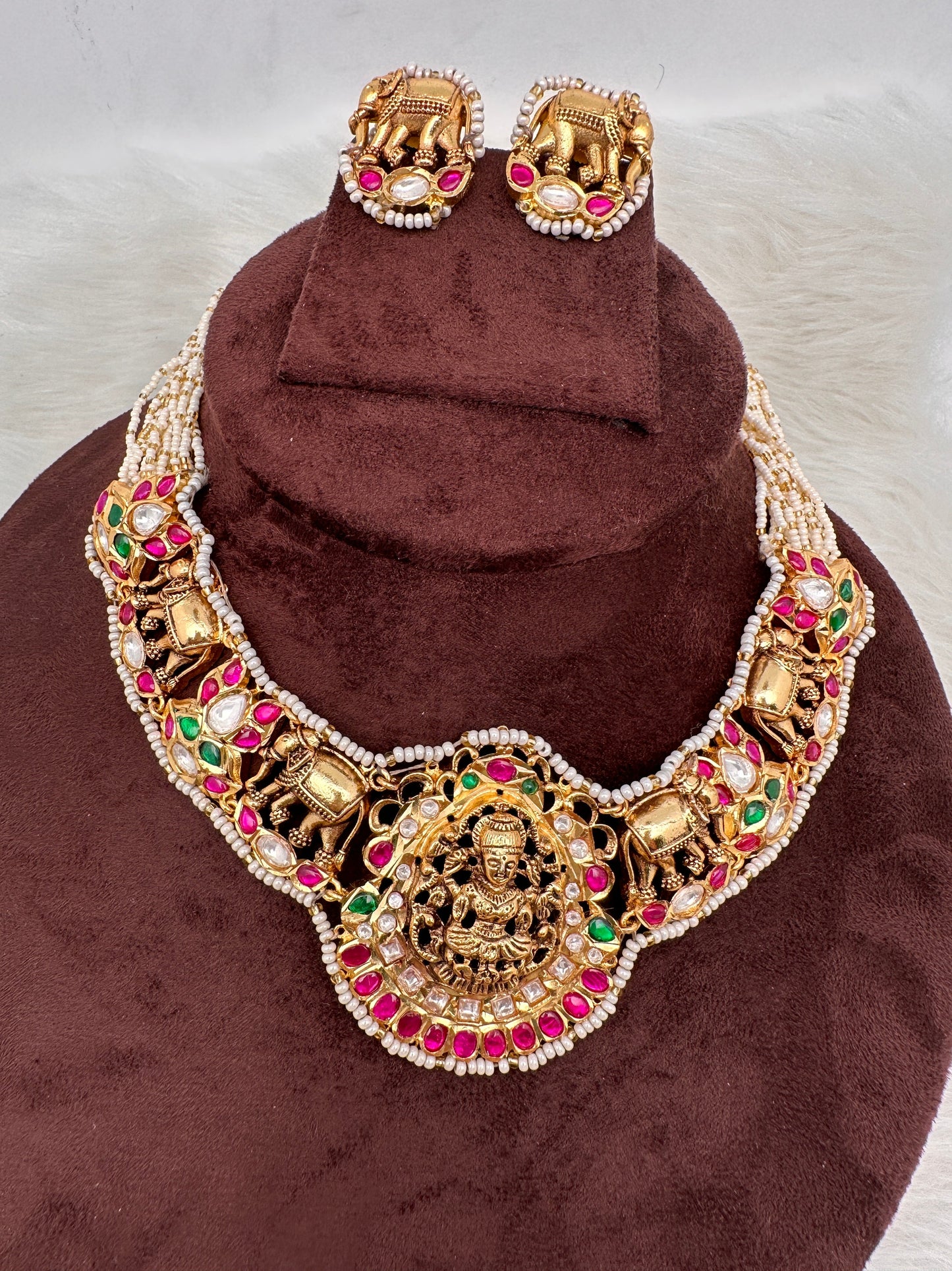 Goddess Lakshmi Elephant Nakshi Pink Green Jadau Kundan Neckline Necklace