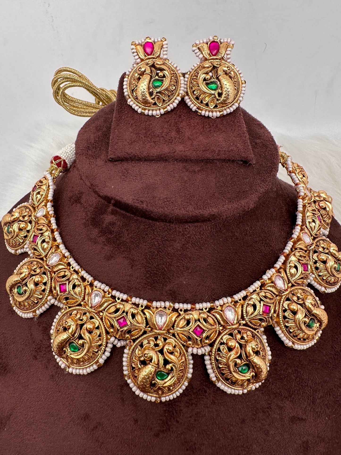Peacock Nakshi Pink Green Jadau Kundan Neckline Necklace