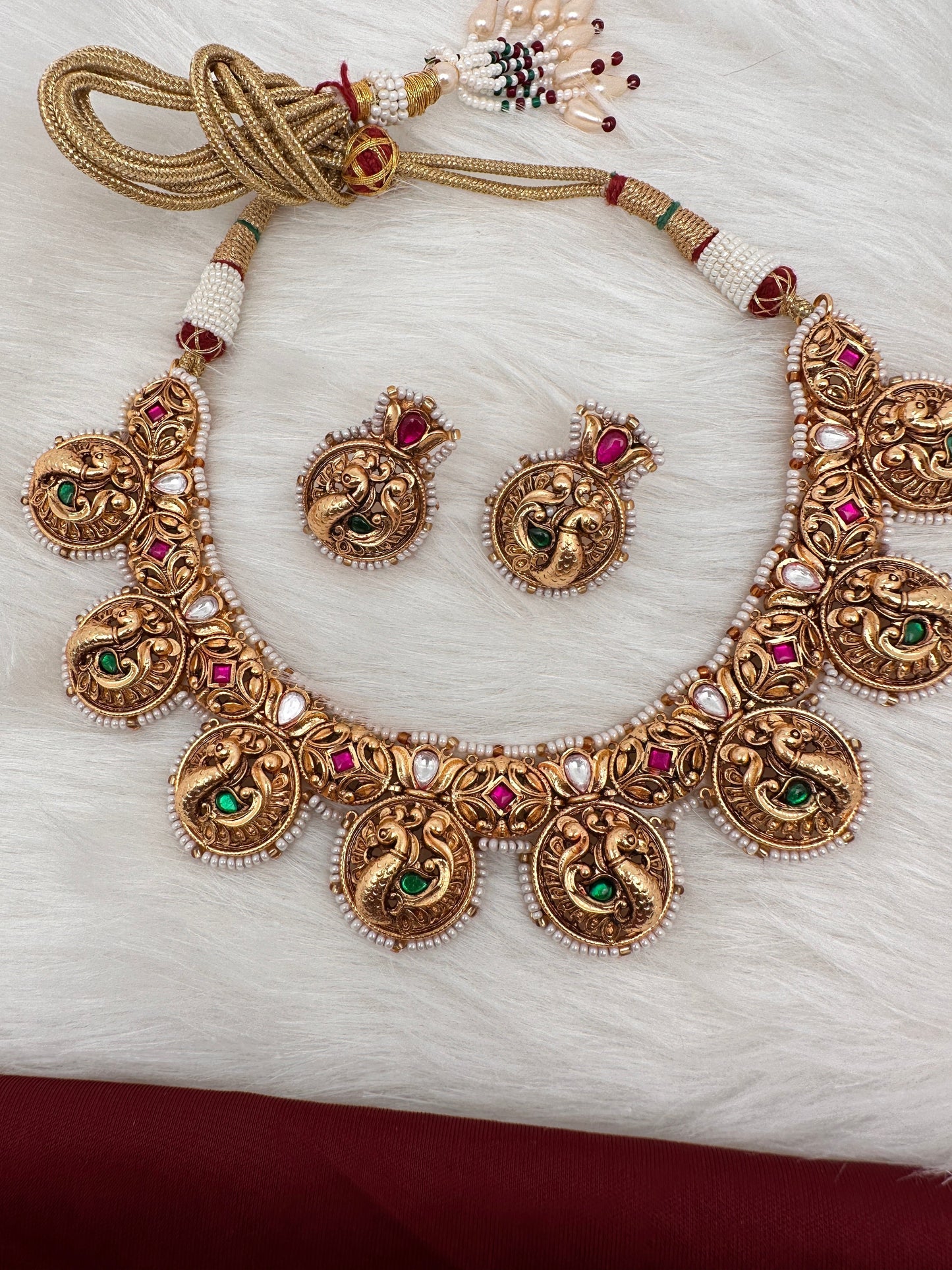 Peacock Nakshi Pink Green Jadau Kundan Neckline Necklace