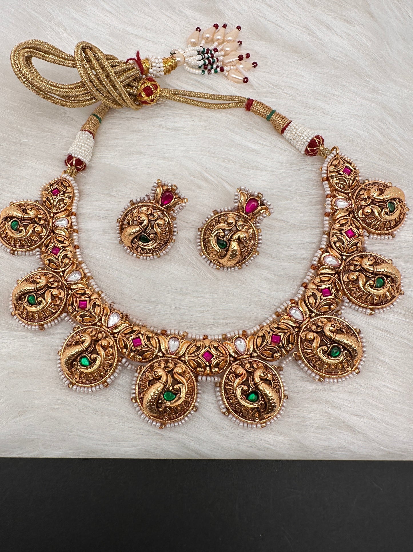 Peacock Nakshi Pink Green Jadau Kundan Neckline Necklace