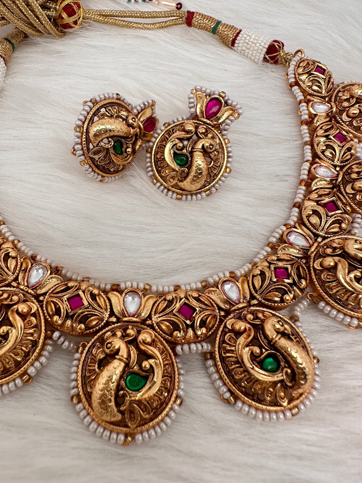 Peacock Nakshi Pink Green Jadau Kundan Neckline Necklace