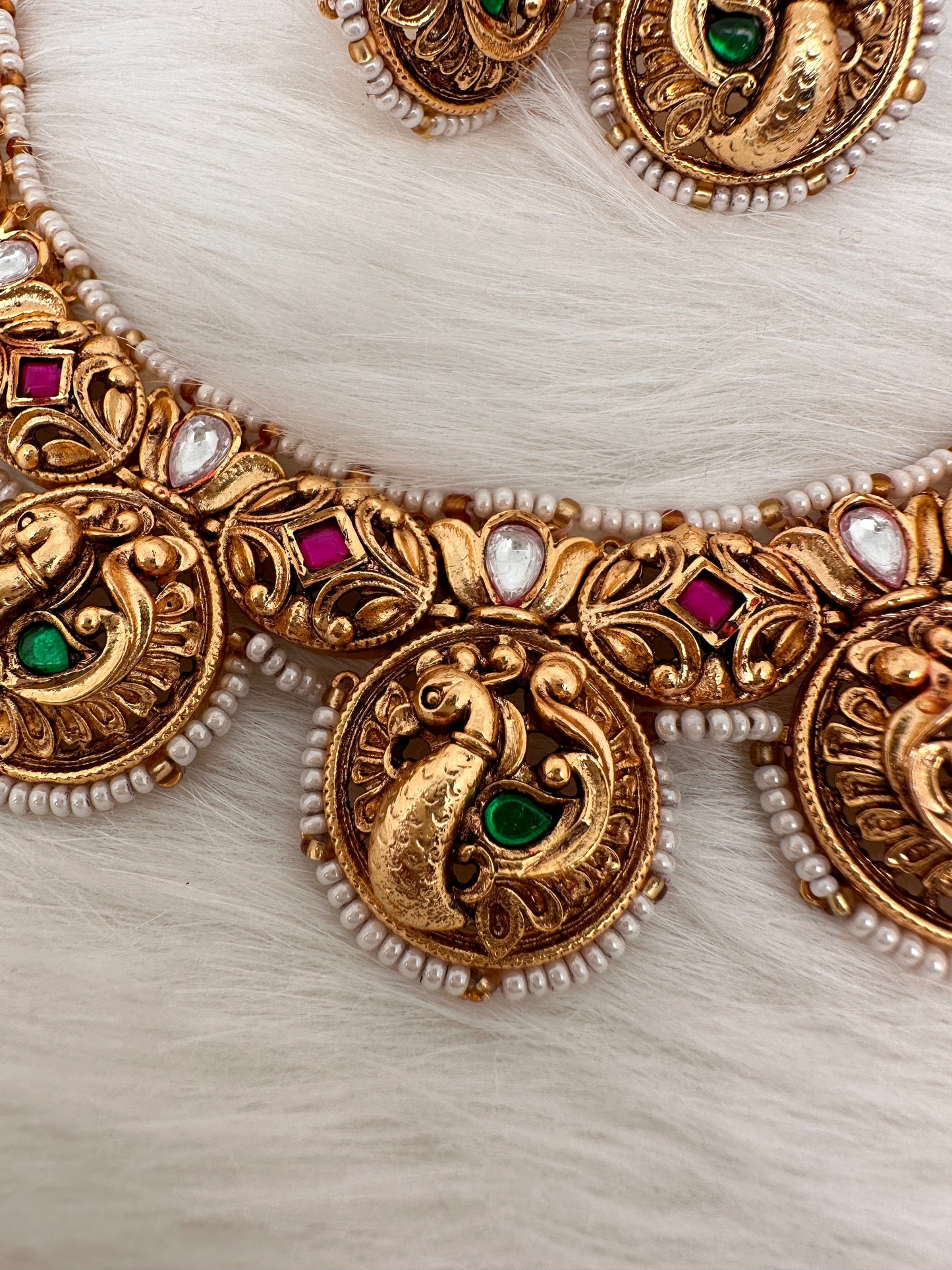 Peacock Nakshi Pink Green Jadau Kundan Neckline Necklace