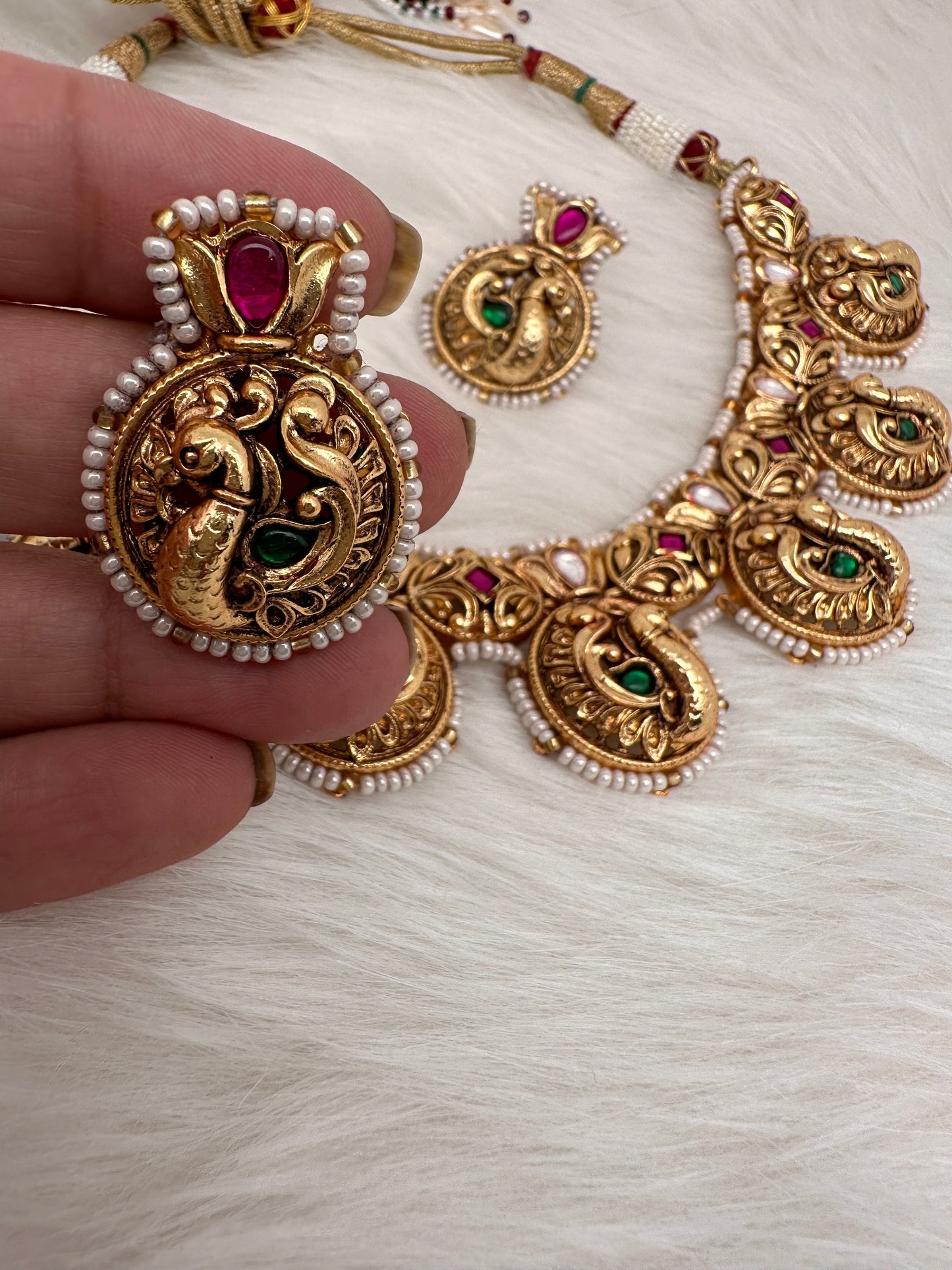 Peacock Nakshi Pink Green Jadau Kundan Neckline Necklace