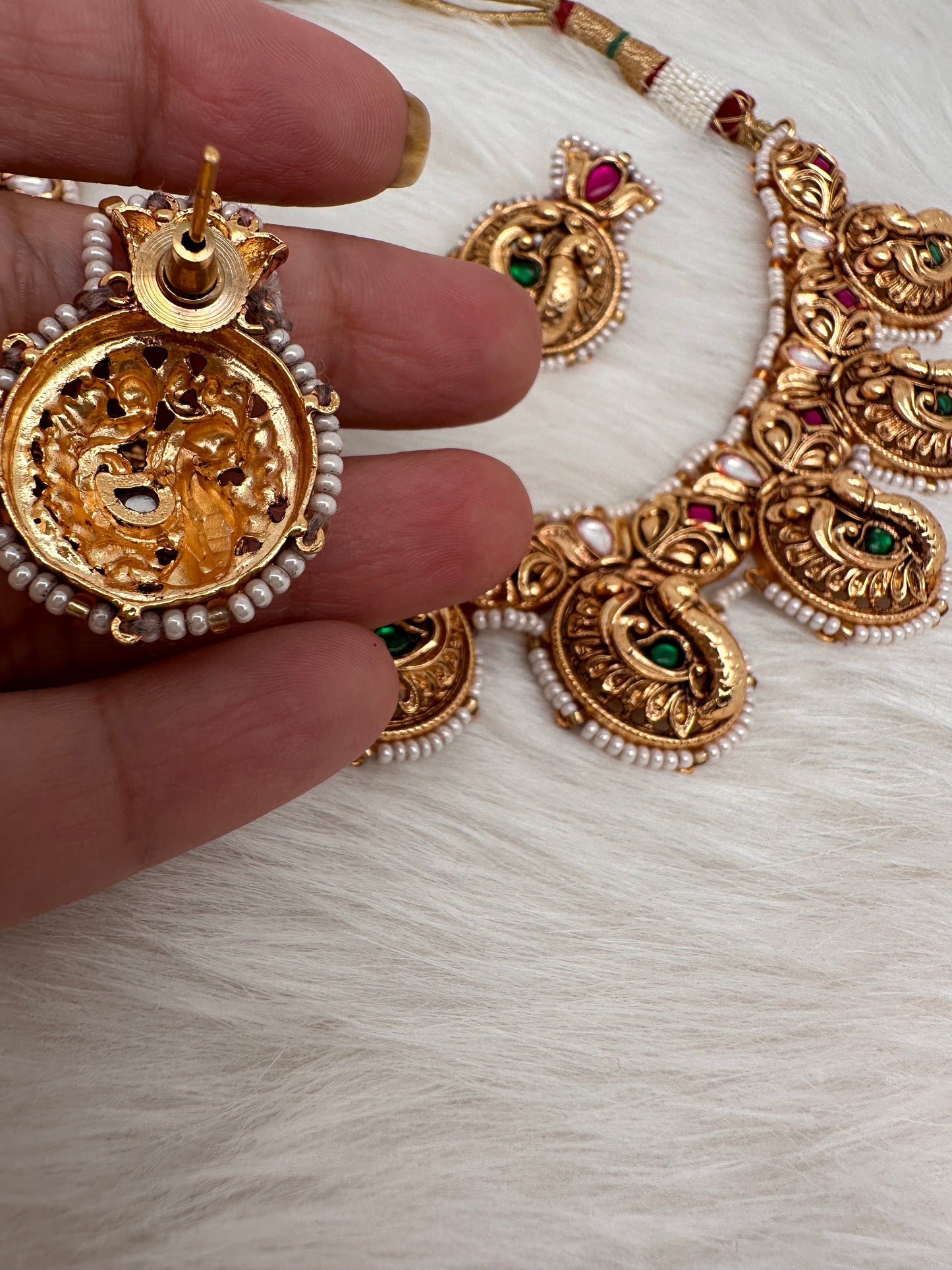 Peacock Nakshi Pink Green Jadau Kundan Neckline Necklace