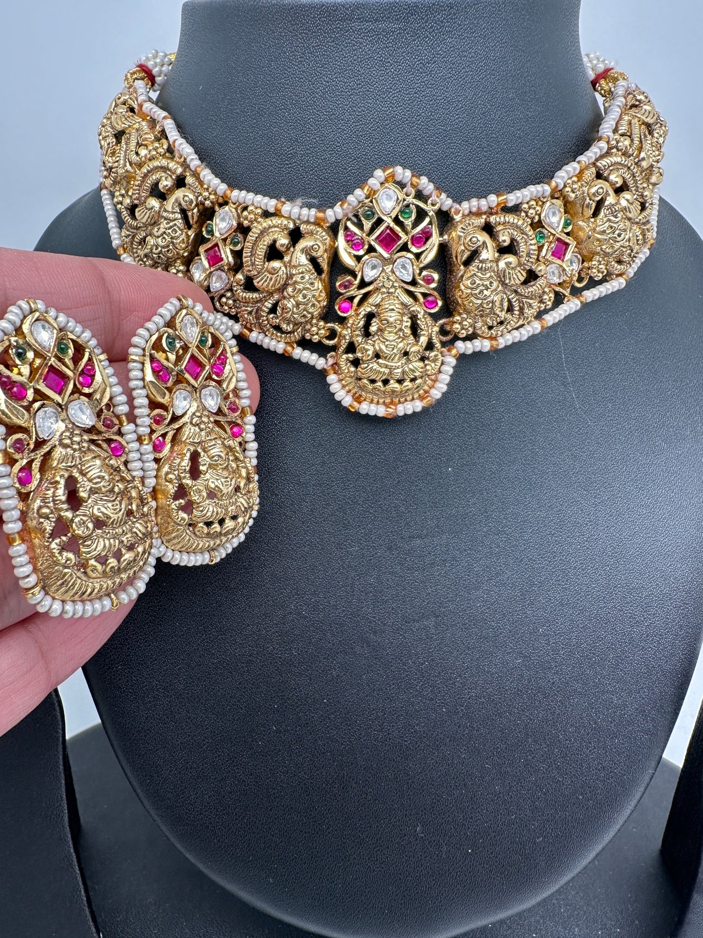 Goddess Lakshmi Nakshi Red Green Jadau Kundan Neckline Necklace