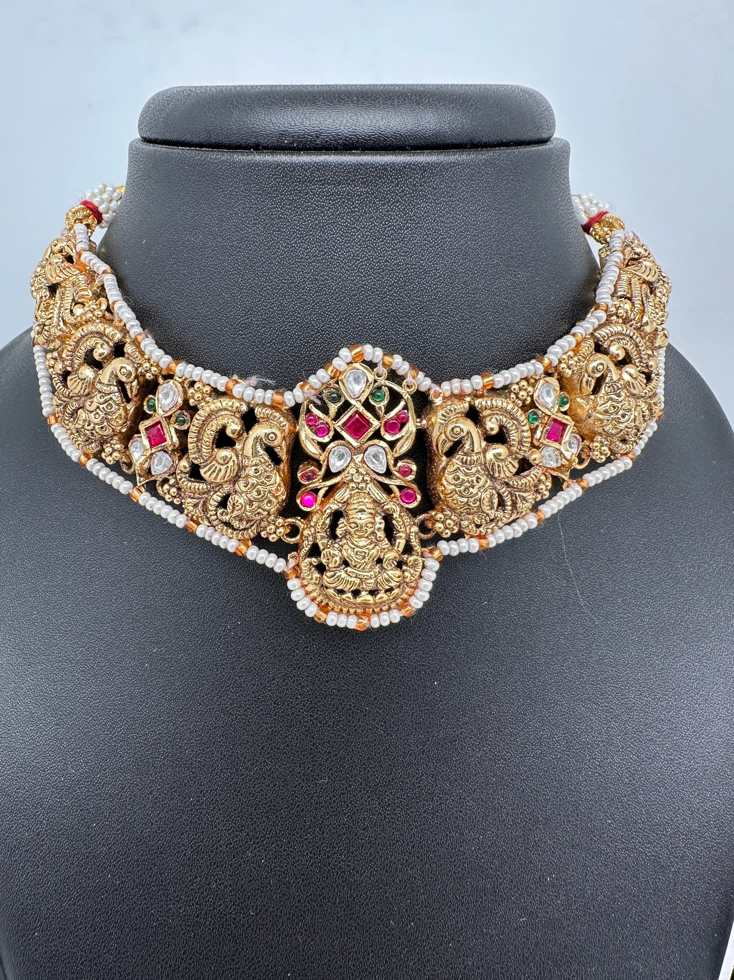 Goddess Lakshmi Nakshi Red Green Jadau Kundan Neckline Necklace