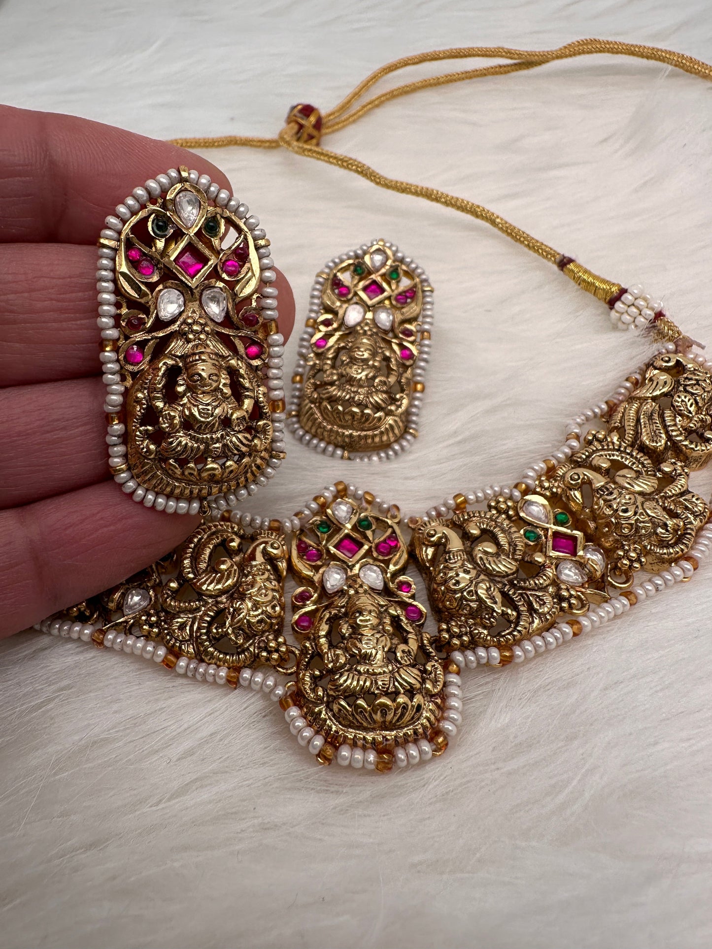 Goddess Lakshmi Nakshi Red Green Jadau Kundan Neckline Necklace