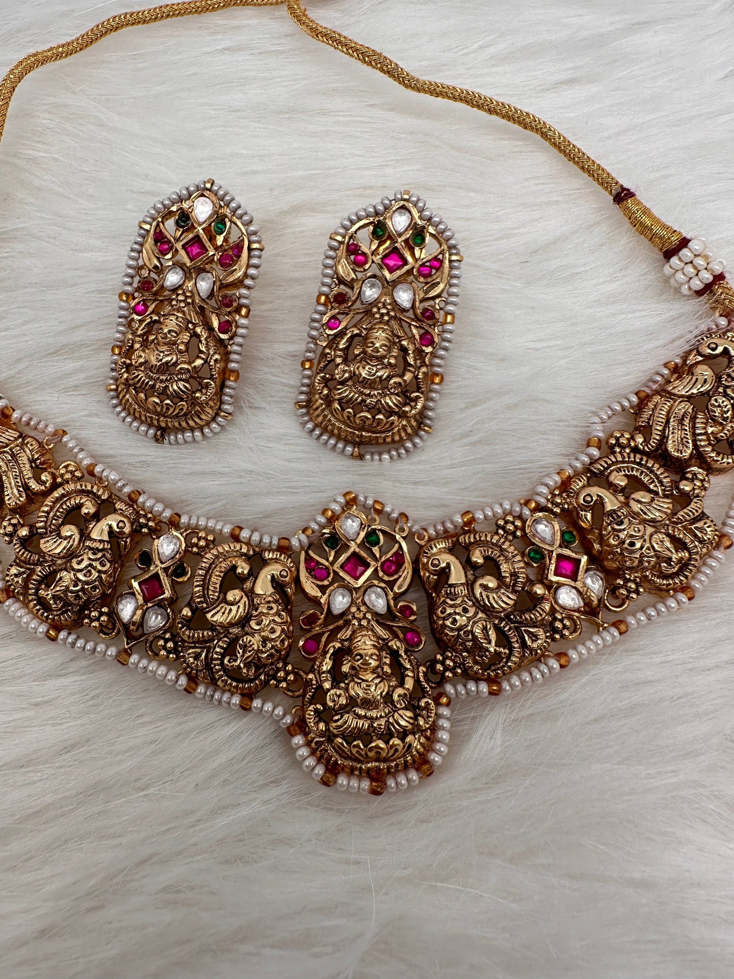 Goddess Lakshmi Nakshi Red Green Jadau Kundan Neckline Necklace