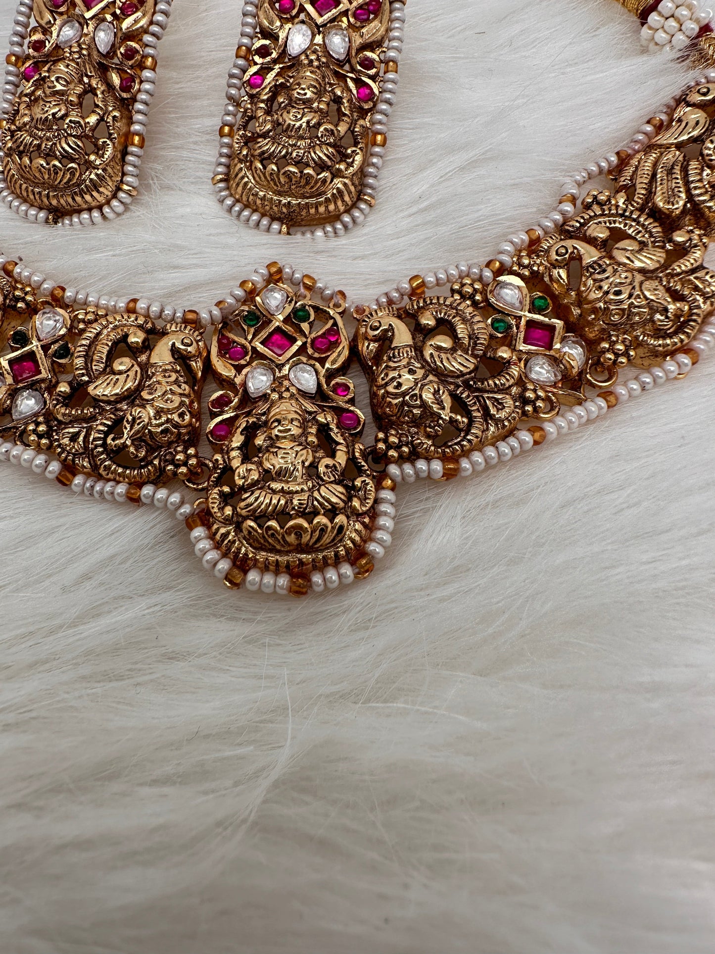 Goddess Lakshmi Nakshi Red Green Jadau Kundan Neckline Necklace