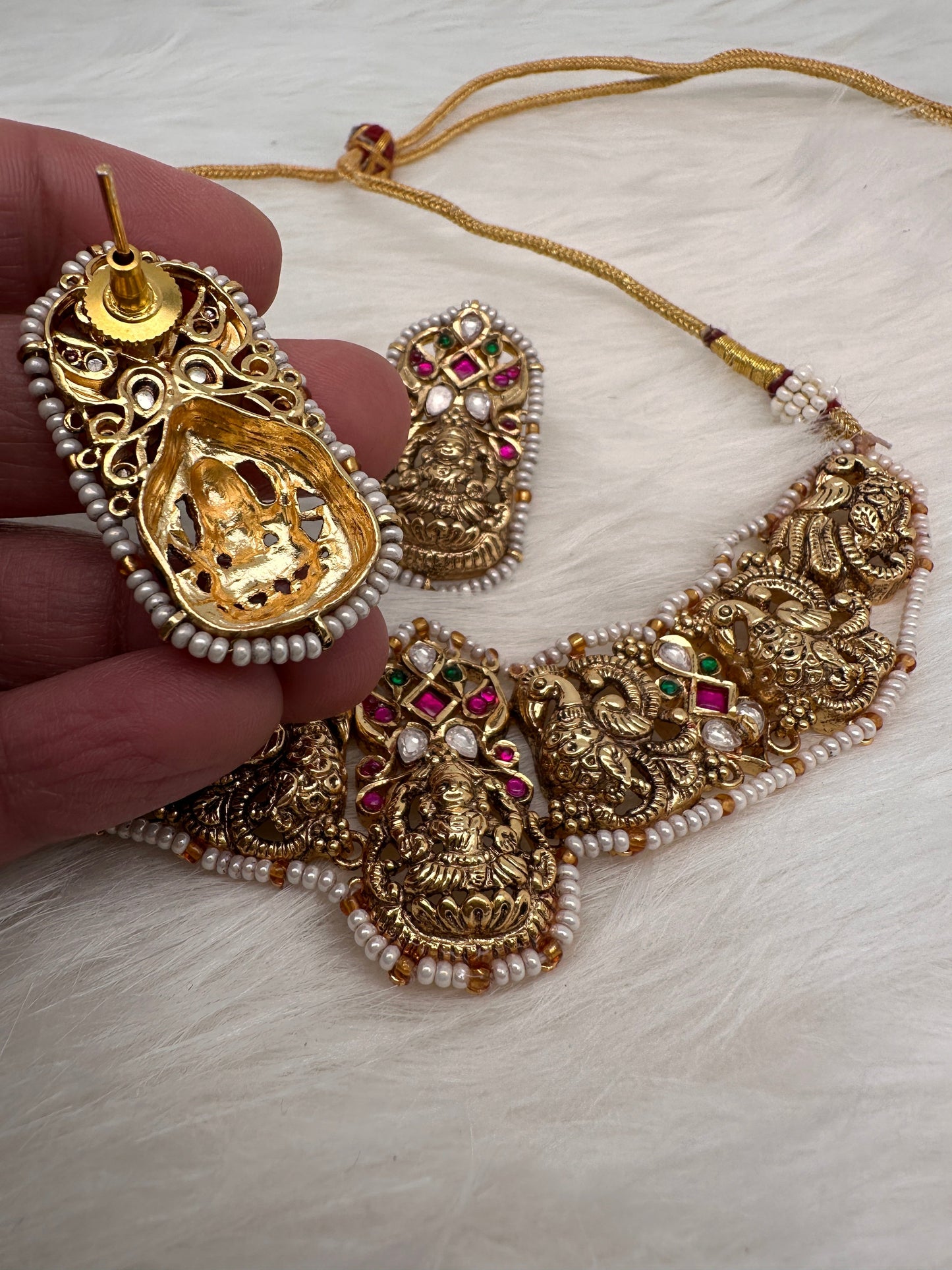 Goddess Lakshmi Nakshi Red Green Jadau Kundan Neckline Necklace