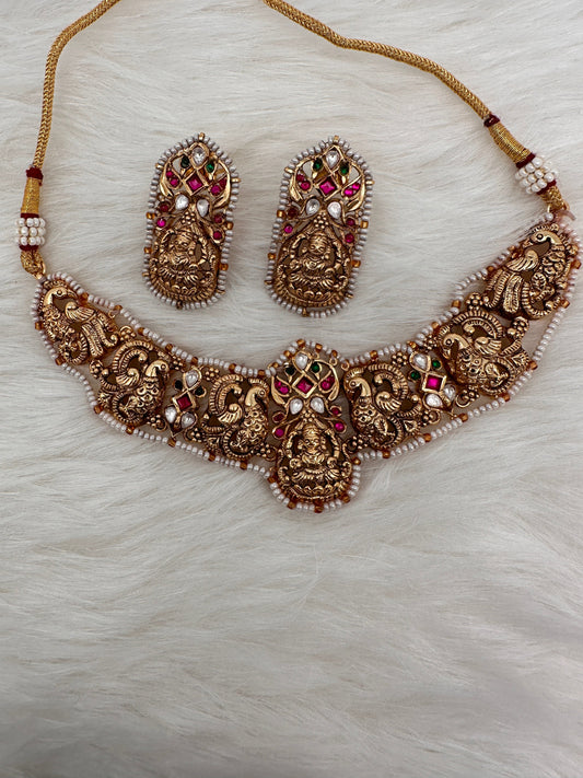 Goddess Lakshmi Nakshi Red Green Jadau Kundan Neckline Necklace