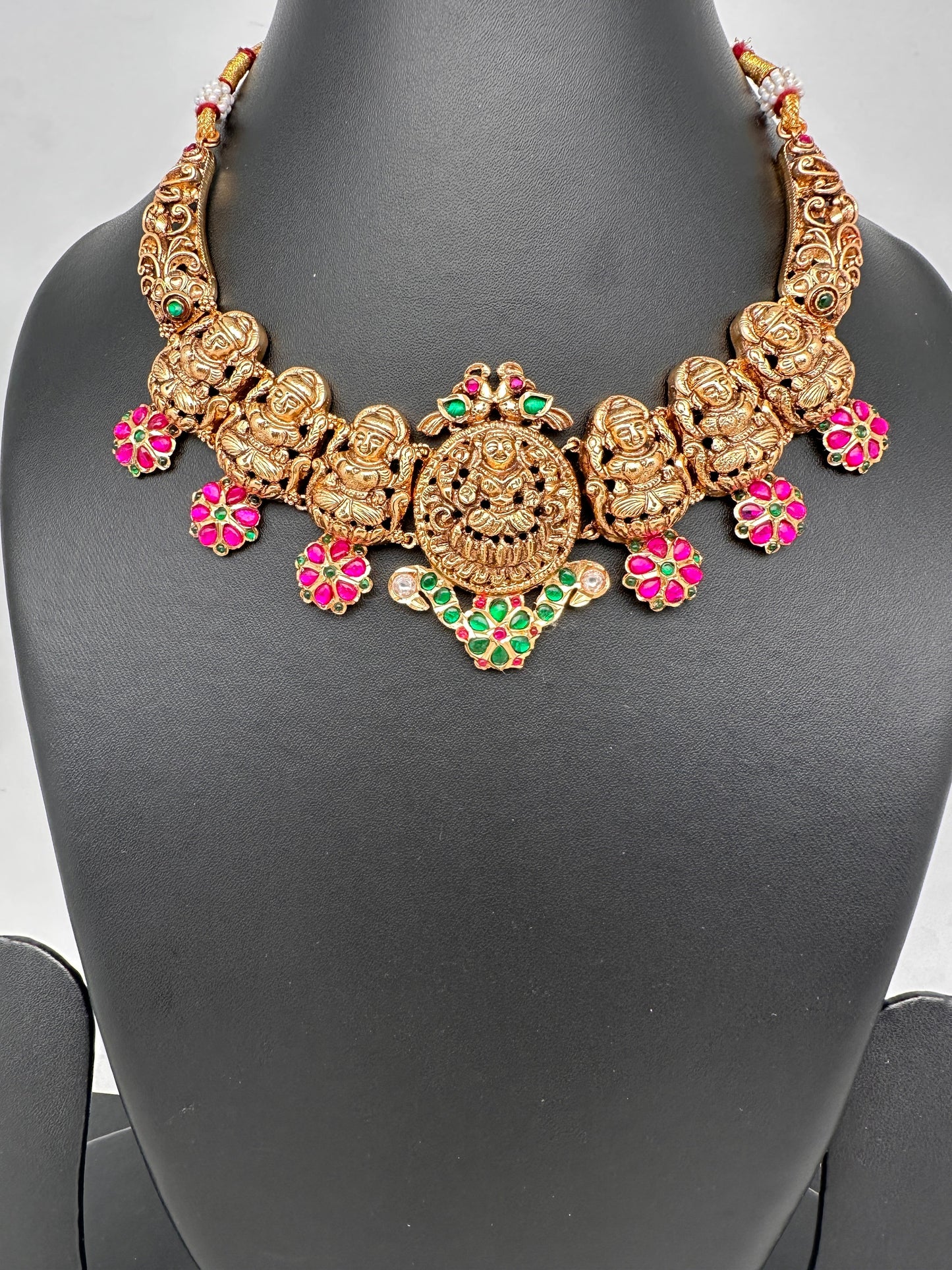 Goddess Lakshmi Floral Nakshi Red Green Jadau Kundan Neckline Necklace