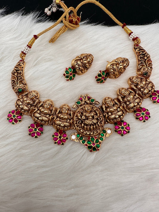 Goddess Lakshmi Floral Nakshi Red Green Jadau Kundan Neckline Necklace