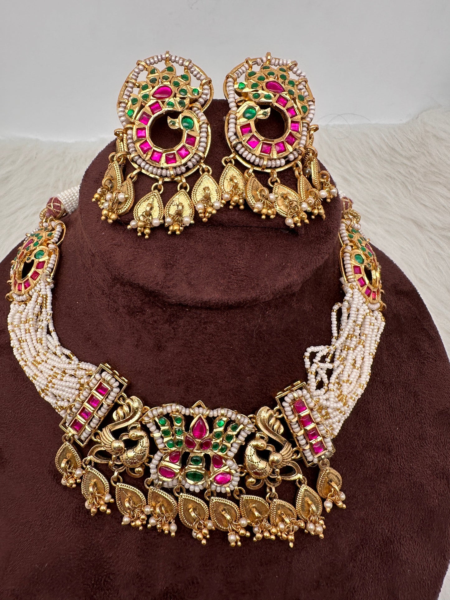 Peacock Nakshi Red Green Jadau Kundan Neckline Necklace