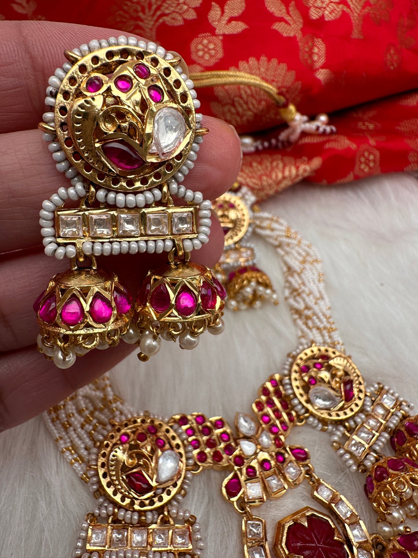 Red Jadau Kundan Jhumki Design Neckline Necklace