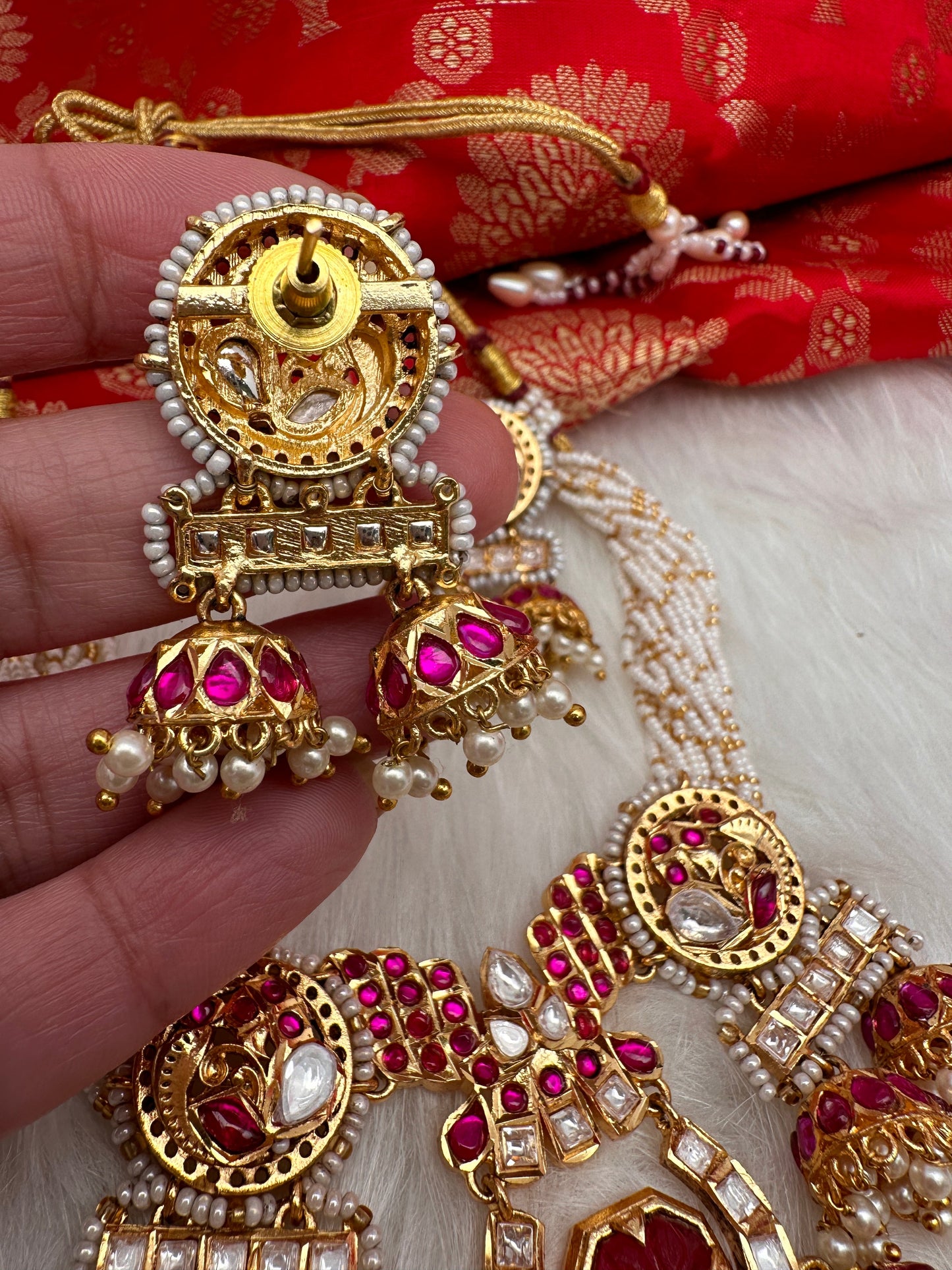 Red Jadau Kundan Jhumki Design Neckline Necklace