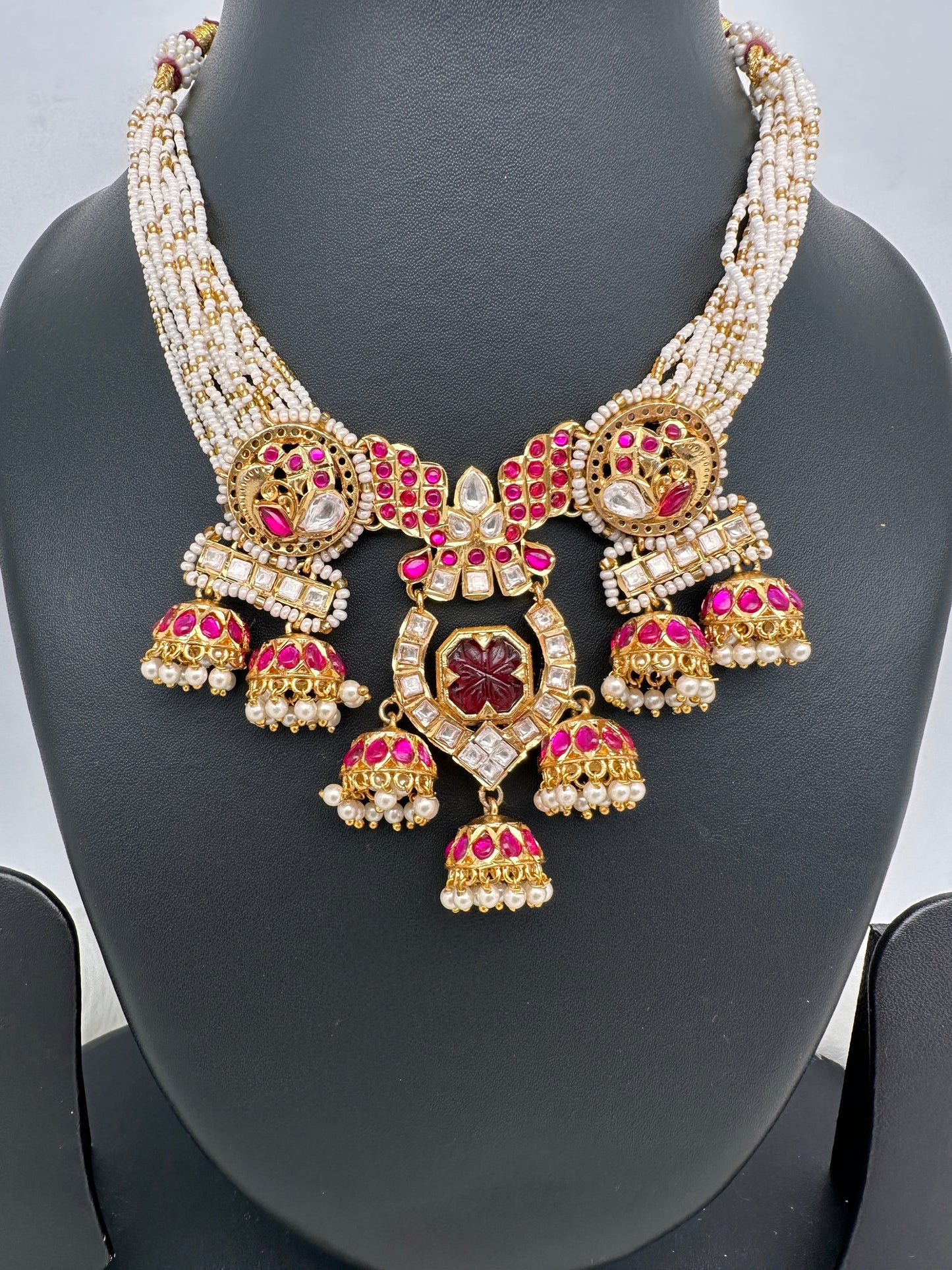 Red Jadau Kundan Jhumki Design Neckline Necklace