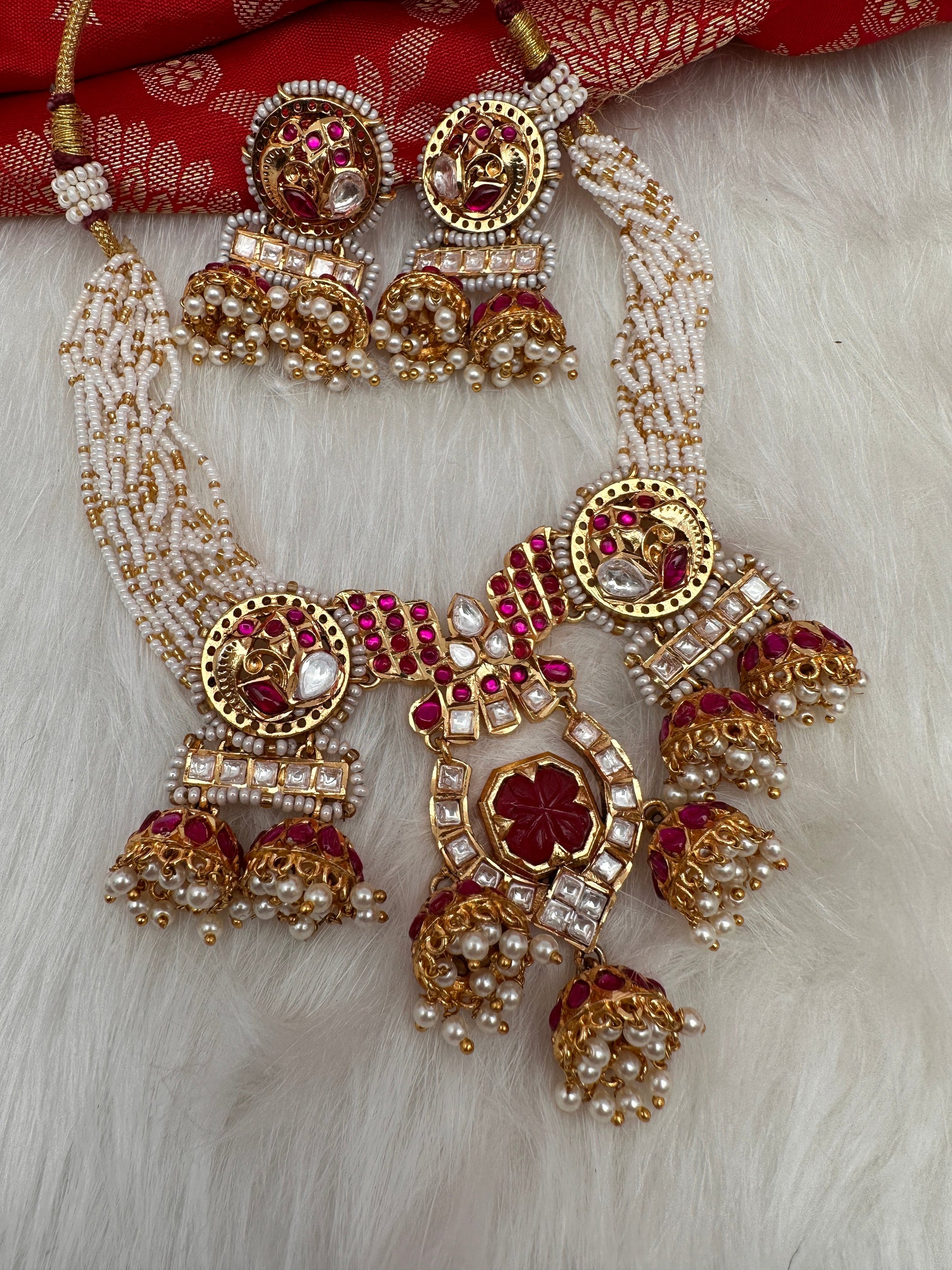 Red Jadau Kundan Jhumki Design Neckline Necklace