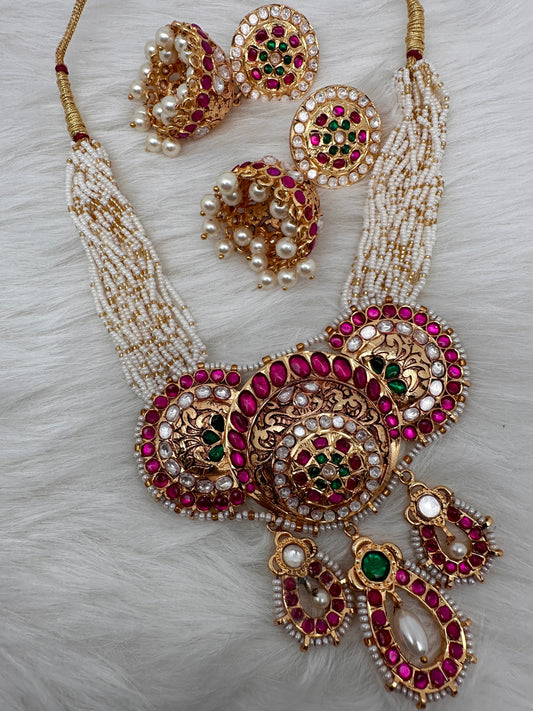 Red Jadau Kundan Micro Pearls Statement Neckline Necklace