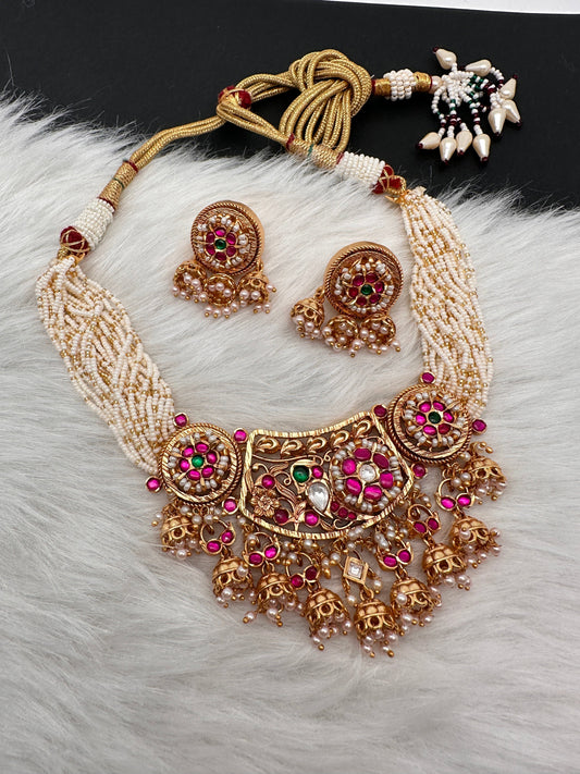 Red Jadau Kundan Jhumki Design Statement Neckline Necklace