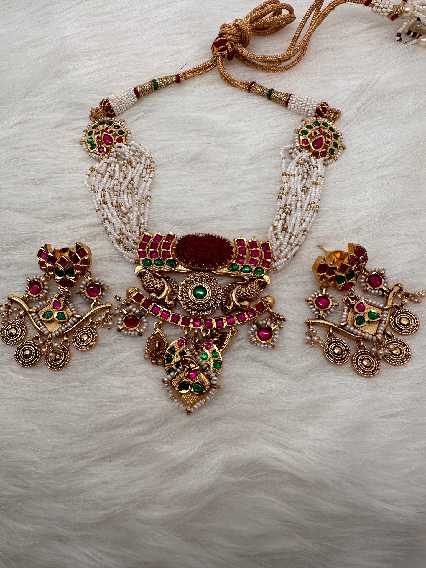 Red Carved Stone Peacock Red Green Jadau Kundan Neckline Necklace