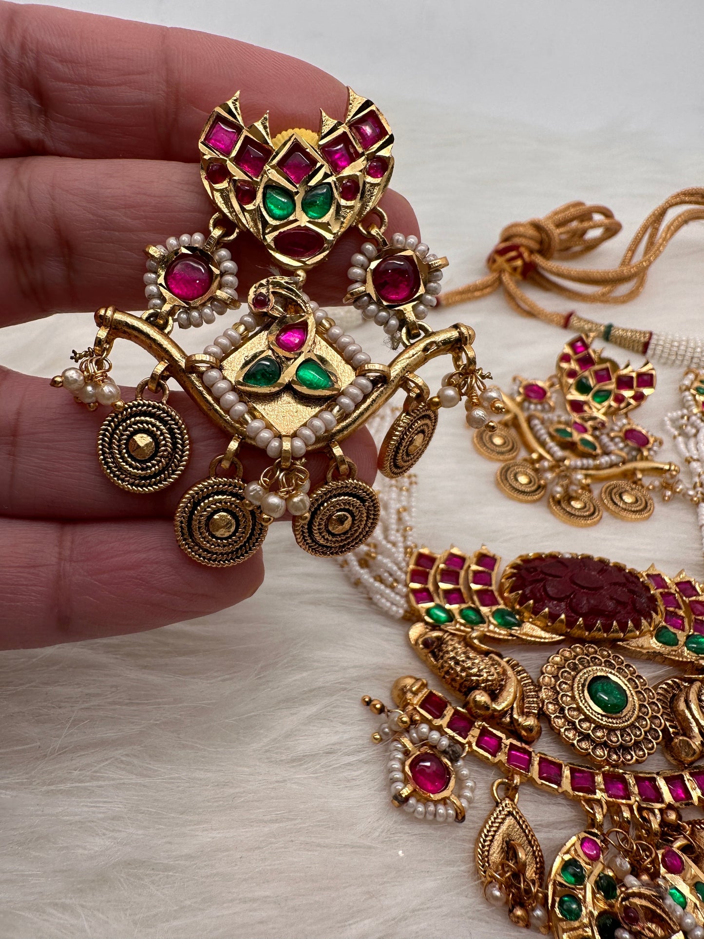 Red Carved Stone Peacock Red Green Jadau Kundan Neckline Necklace
