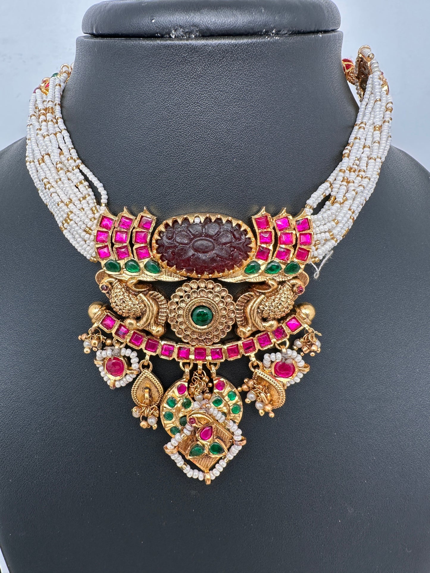 Red Carved Stone Peacock Red Green Jadau Kundan Neckline Necklace