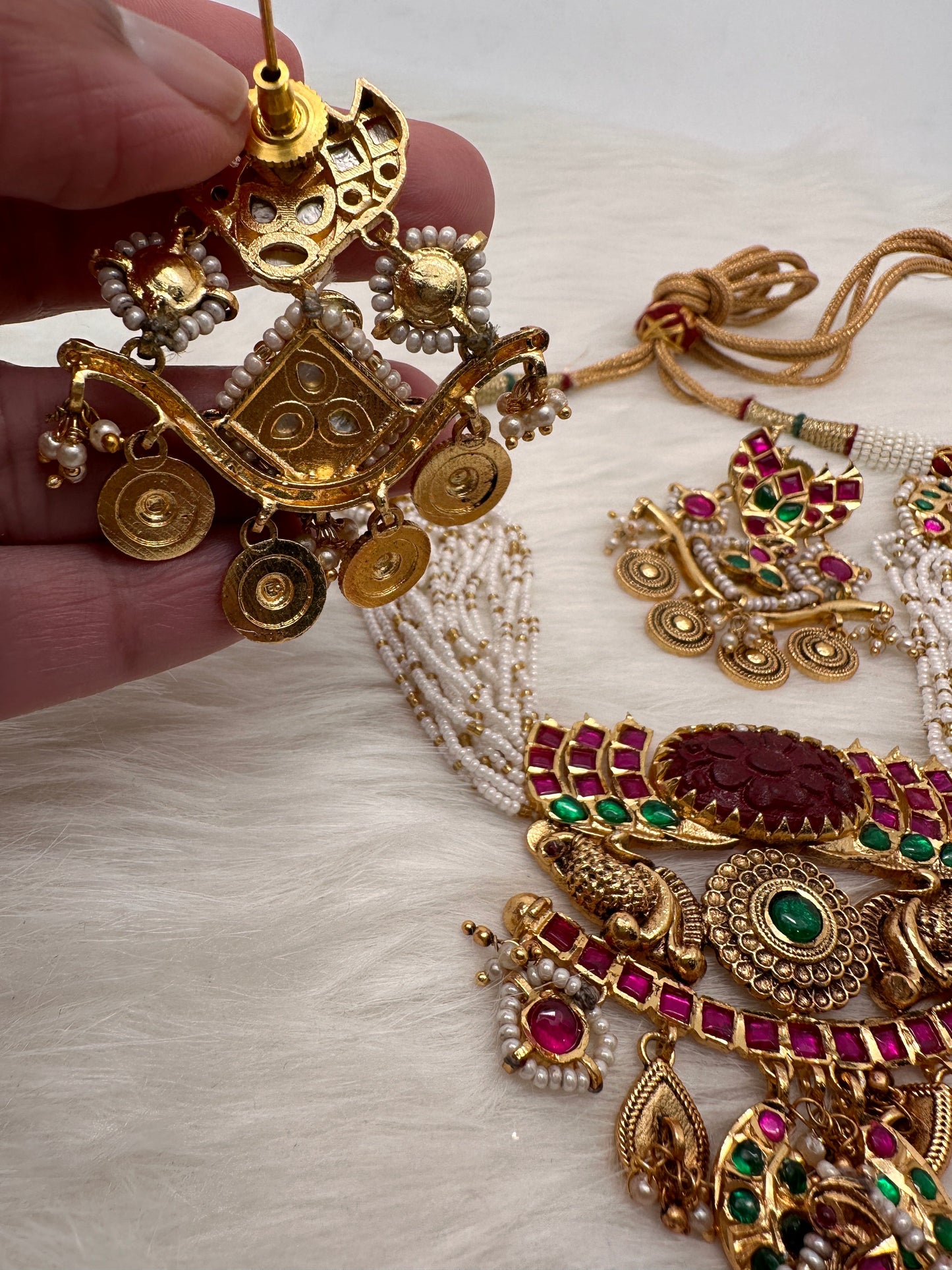 Red Carved Stone Peacock Red Green Jadau Kundan Neckline Necklace