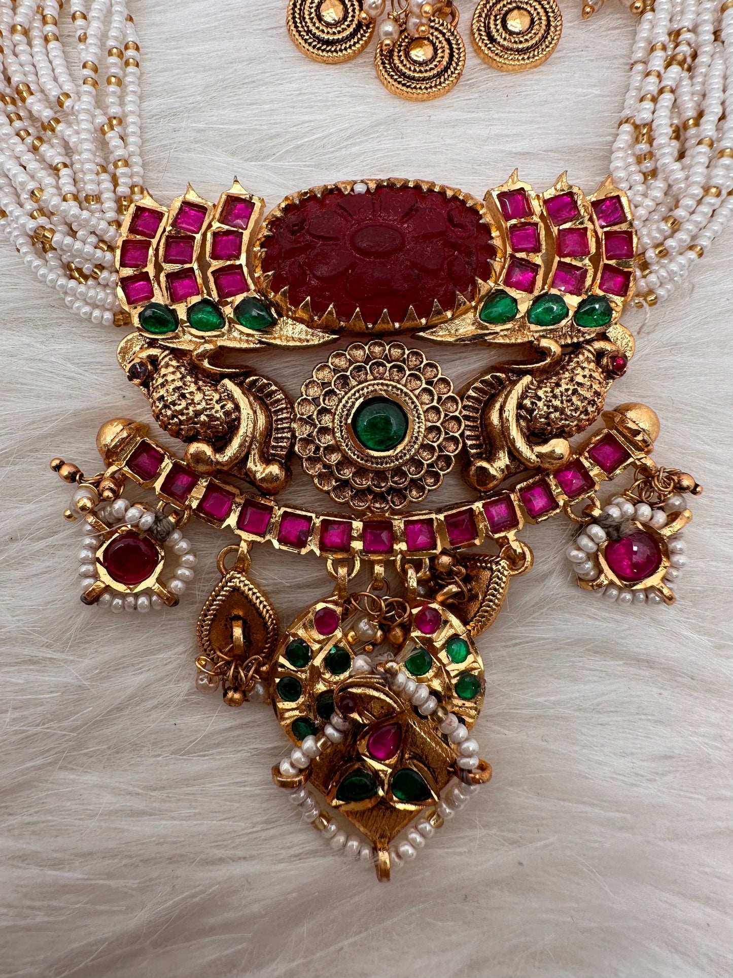 Red Carved Stone Peacock Red Green Jadau Kundan Neckline Necklace