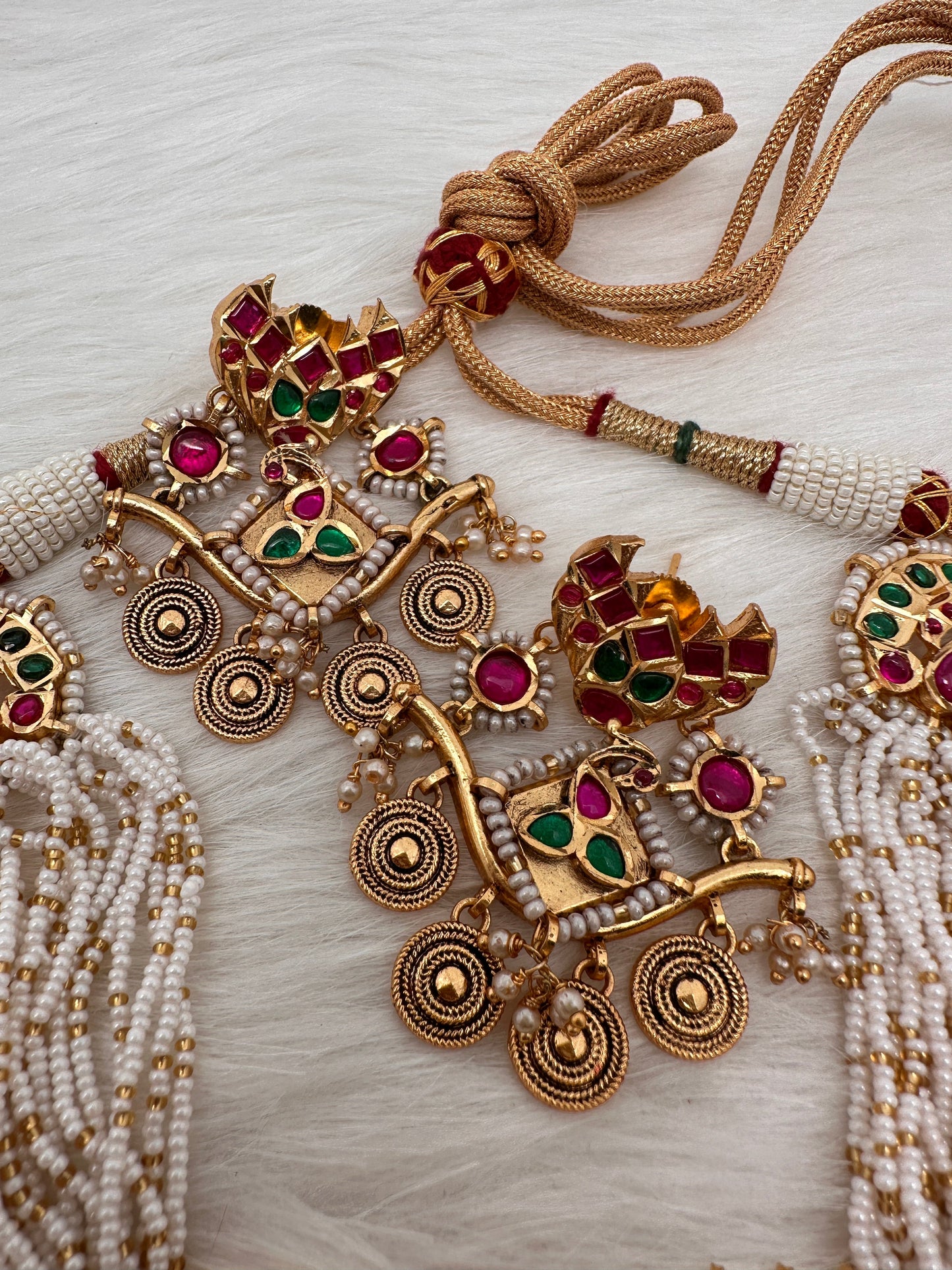 Red Carved Stone Peacock Red Green Jadau Kundan Neckline Necklace