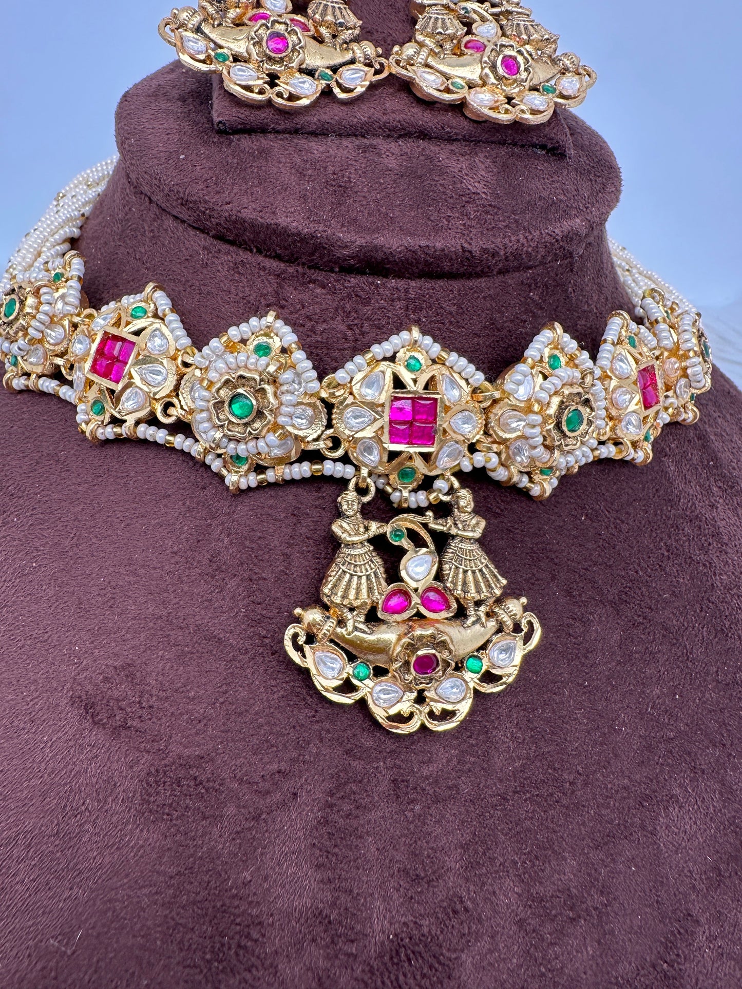 Red Green Jadau Kundan Micro Pearls Statement Neckline Necklace