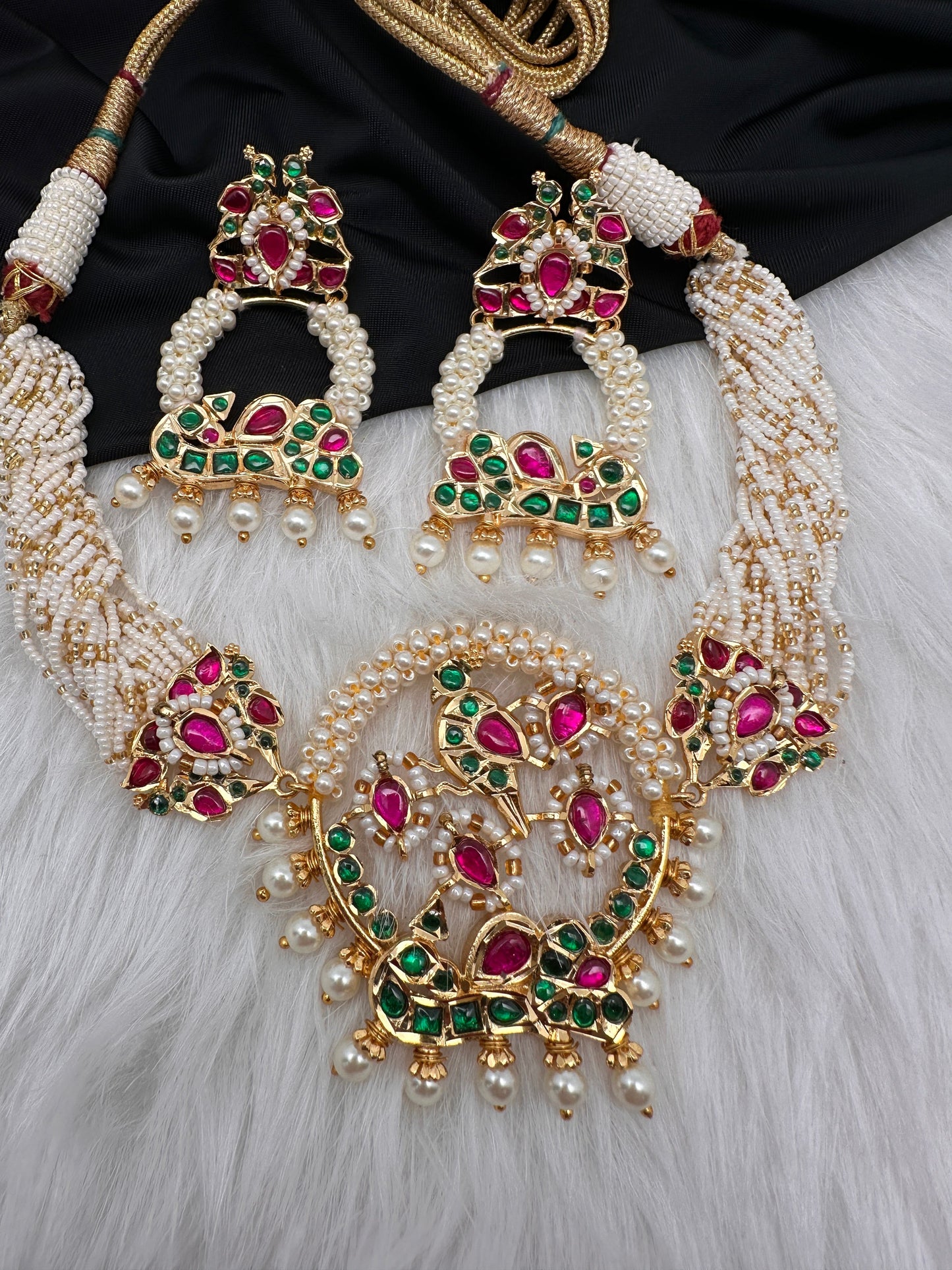 Red Green Jadau Kundan Micro Pearls Statement Neckline Necklace