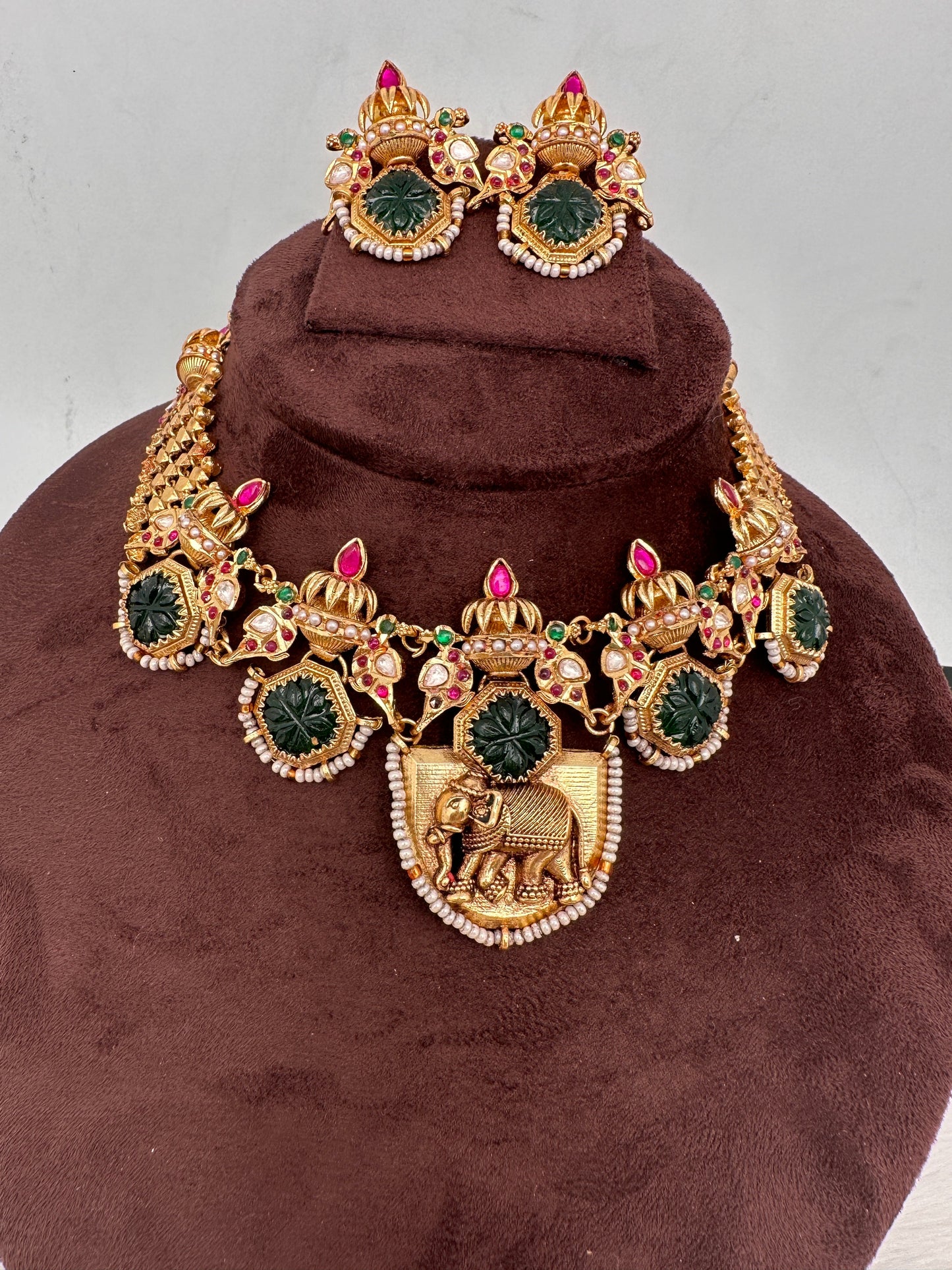 Elephant Nakshi Green Jadau Kundan Statement Neckline Necklace
