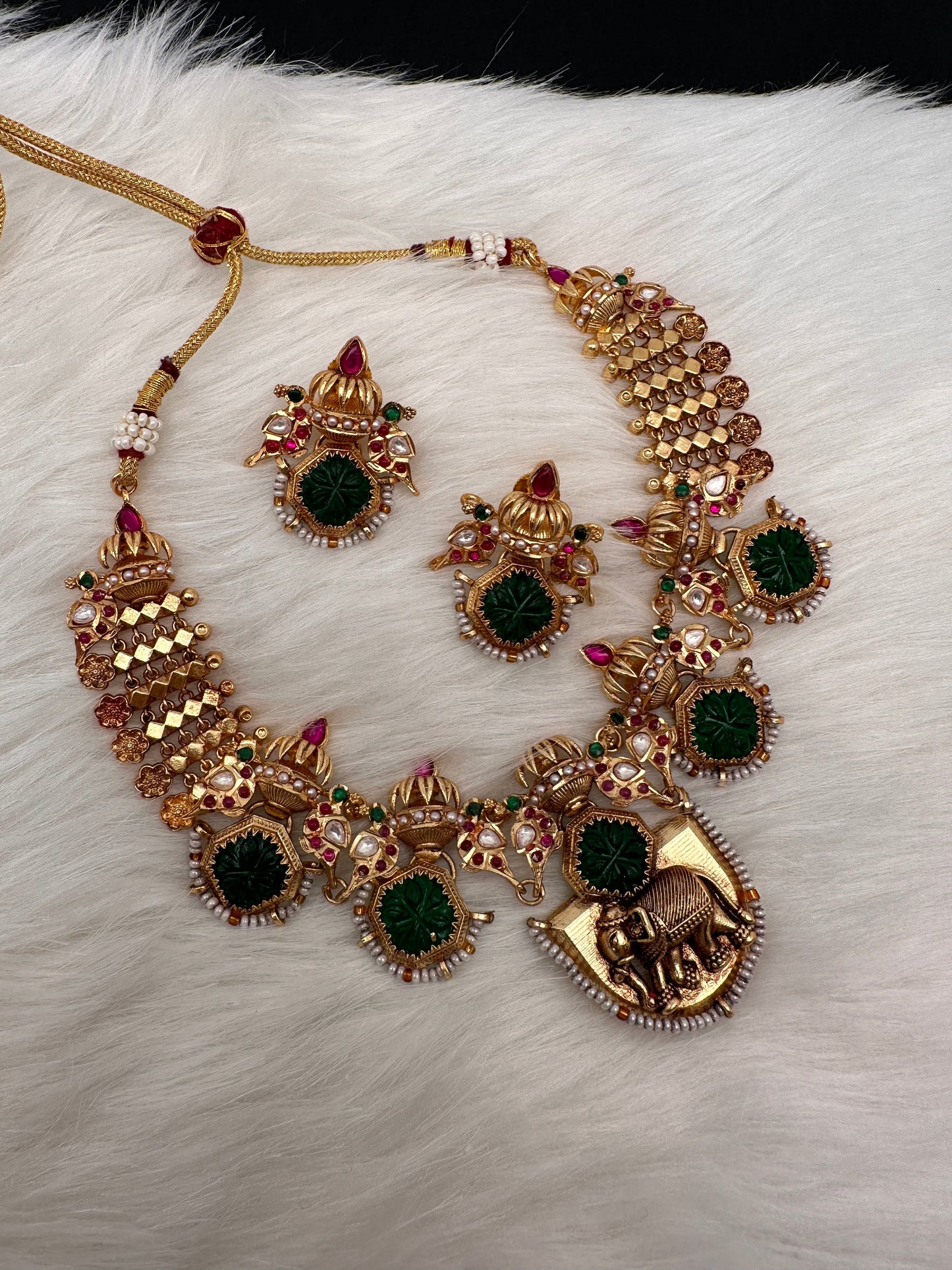 Elephant Nakshi Green Jadau Kundan Statement Neckline Necklace